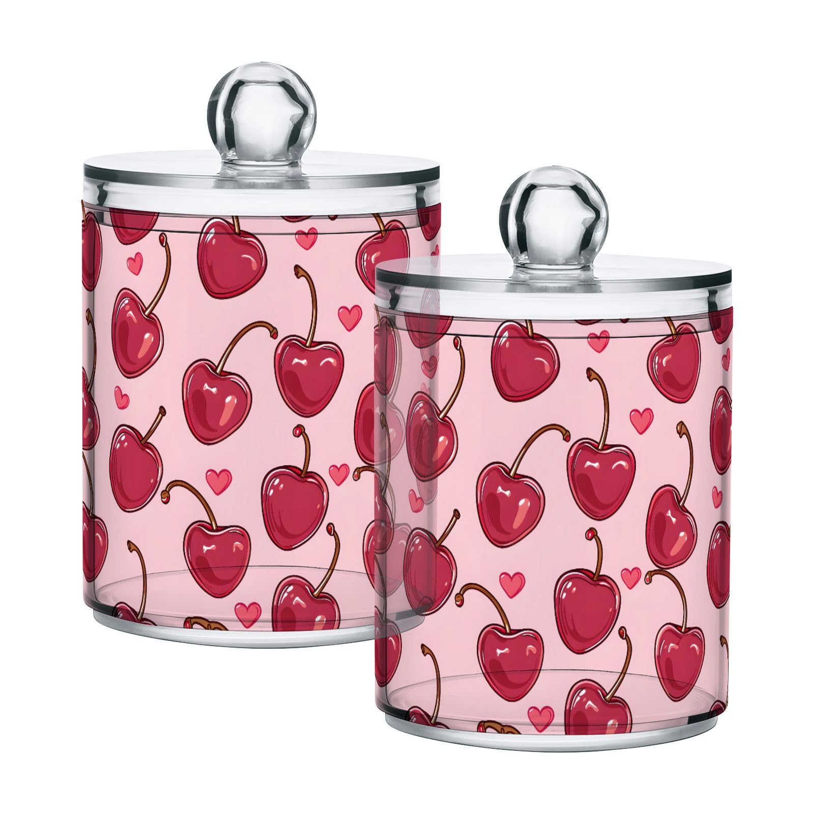 ALAZA 2 Pack Qtip Holder Cherries Hearts, Cotton Swab Dispenser with Lid Bathroom Containers Canister Organizer Storage Jar