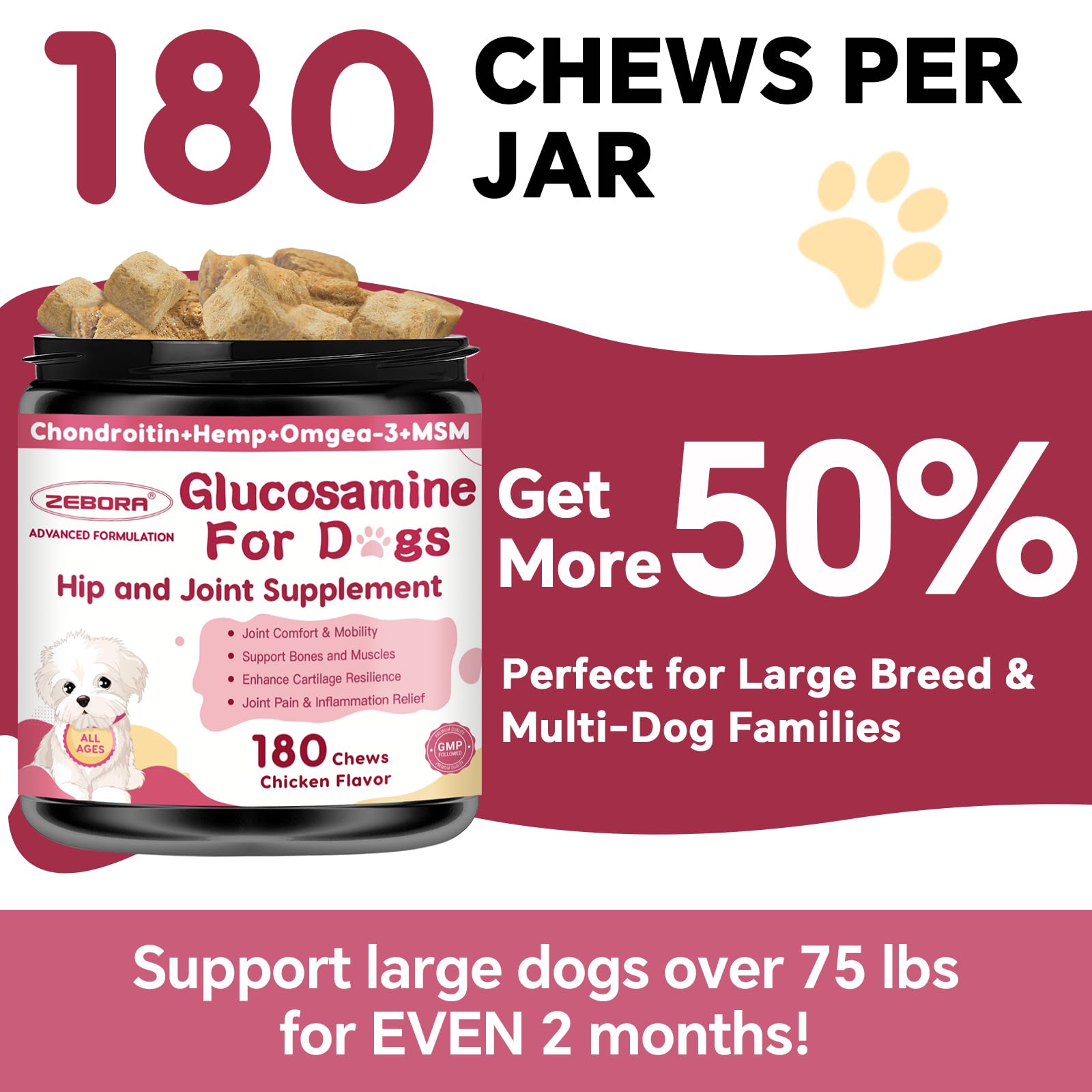 Glucosamine for Dogs - Joint Supplement for Dogs with Chondroitin, MSM, Omega 3, Hemp, Turmeric for Dog Joint Pain Relief, Dog Joint Supplement with Calcium Support Cartilage & Bone Health, 180 Chews - image 4