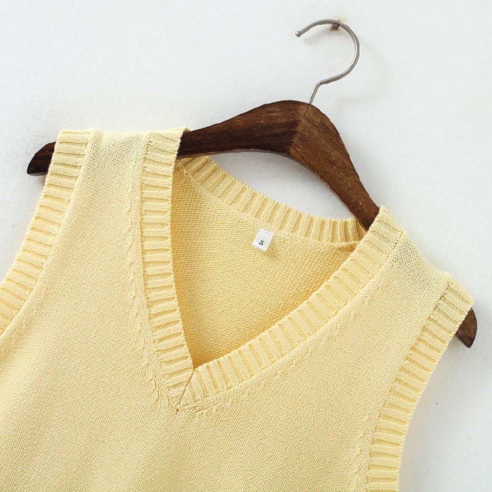 Men Women Knitted Cotton V-Neck Vest JK Uniform Pullover Sleeveless Sweater School Cardigan Yellow