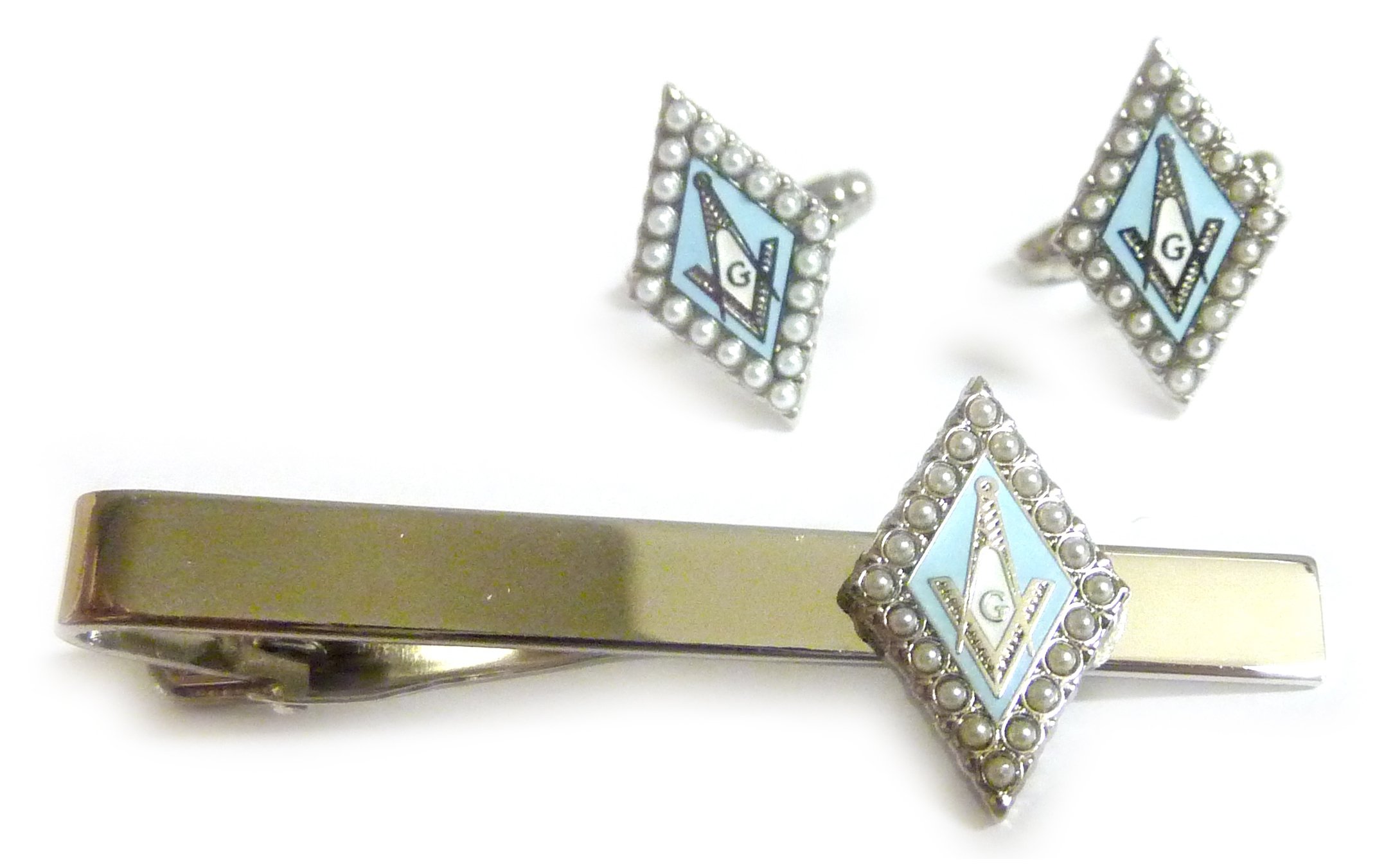 Square and Compass Pearl Masonic Freemasonry TIE BAR Clip Cufflinks Set