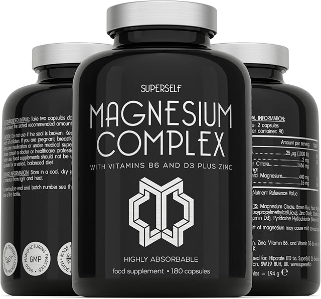 Magnesium Citrate Supplement with Zinc, Vitamin B6 and D3 - High Strength 180 Capsules - 1466mg Magnesium Supplements for Women & Men - Magnesium Complex Tablets Providing 440mg Elemental Magnesium