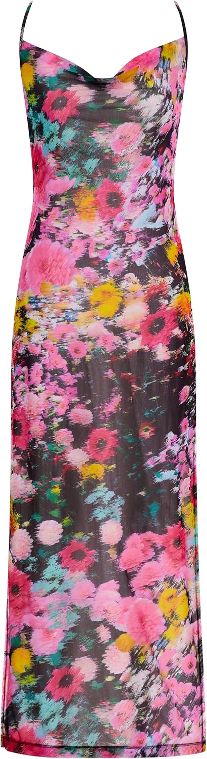 Steve Madden Women's Mesh Cowl Neck Coverup Maxi Dress with High Slits