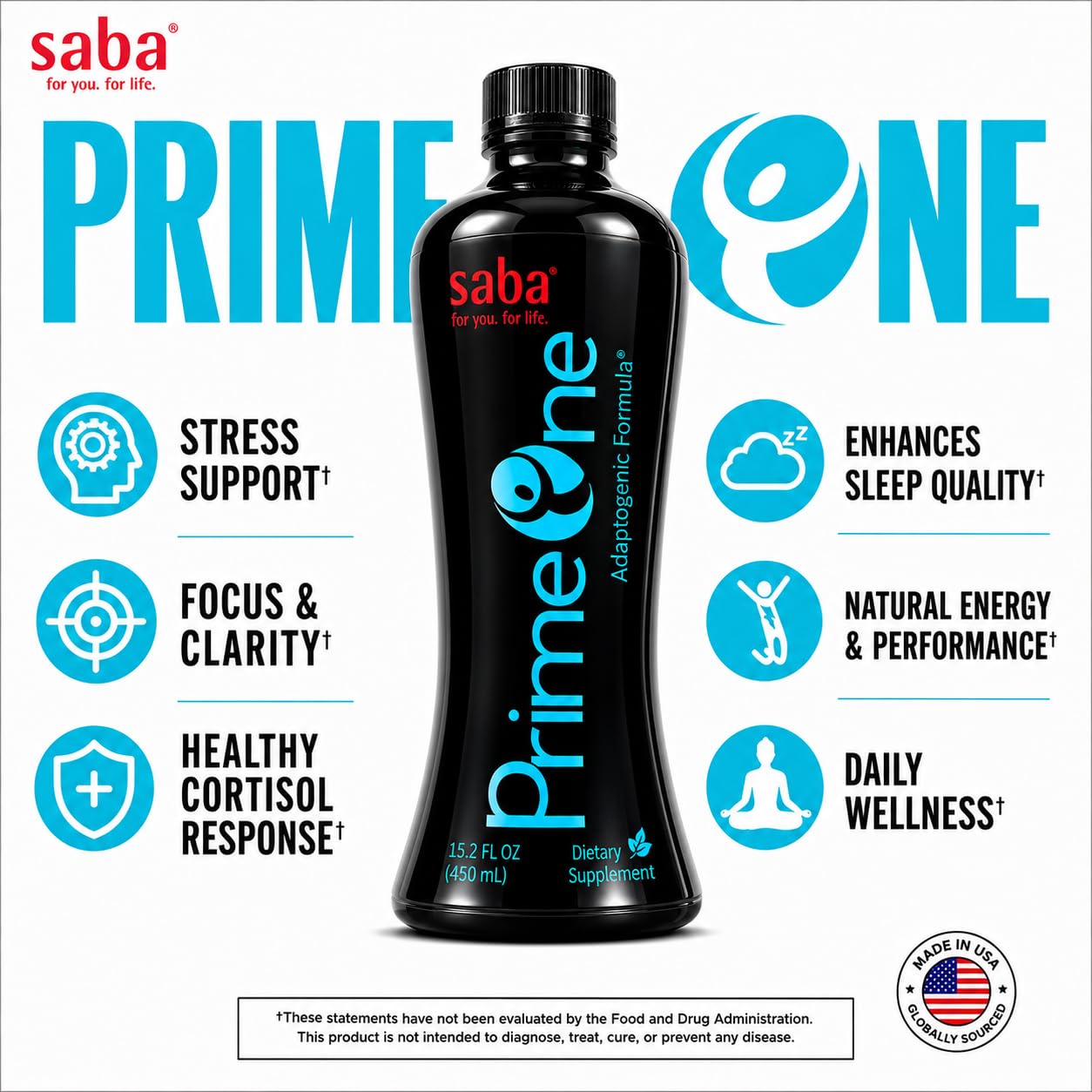 Saba Prime One Liquid Adaptogen – Stress Support Supplement with Ashwagandha, Rhodiola, Reishi Mushroom, Ginseng & Eleuthero for Calm, Focus, Energy & Healthy Cortisol Response, 32 Fl Oz, 63 Servings — Amazon image 4