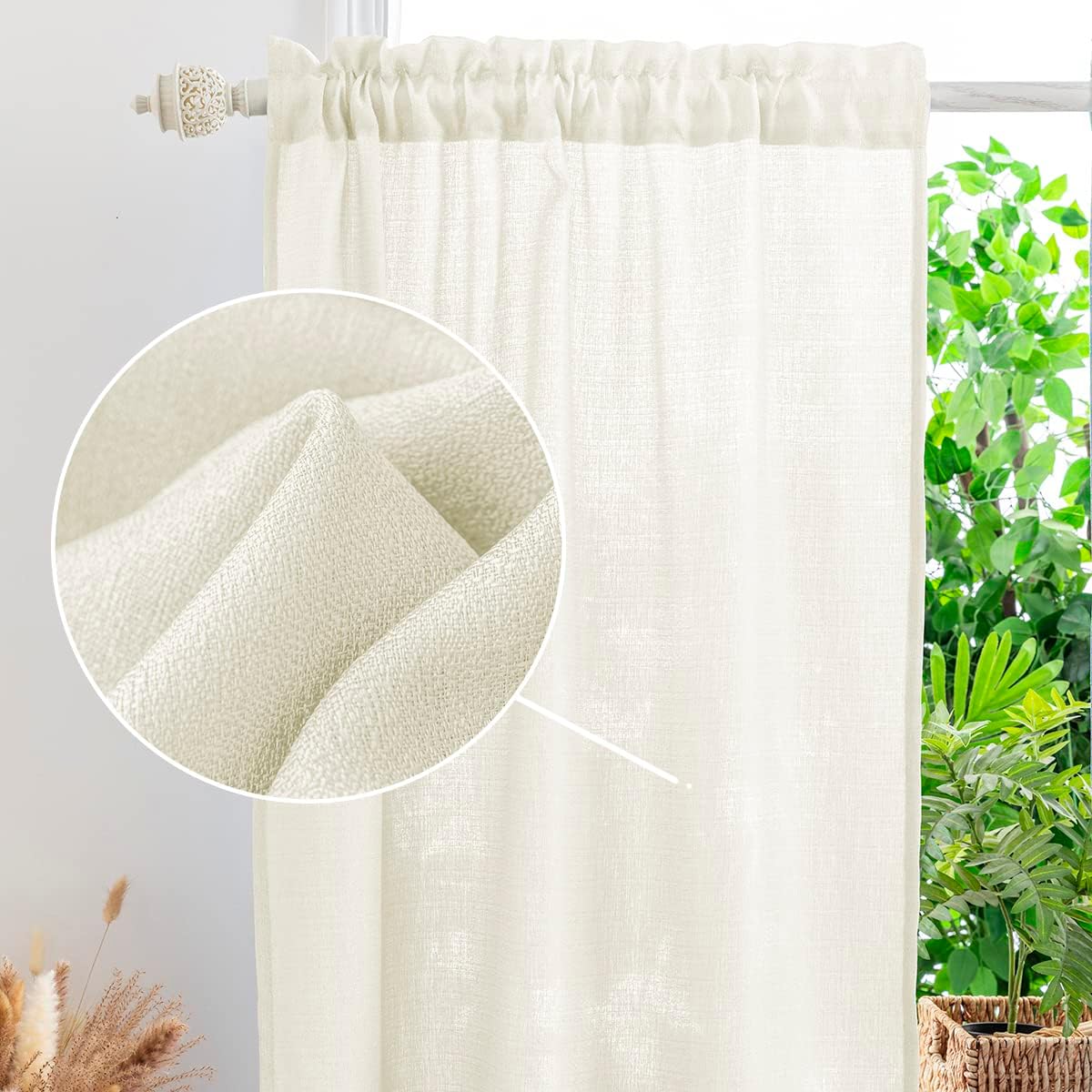 Yancorp Beige Curtains 36 Inch Length for Living Room 2 Panels Linen Textured Sheer Curtain Set Light Filtering Semi Sheer Drapes Curtains for Bedroom