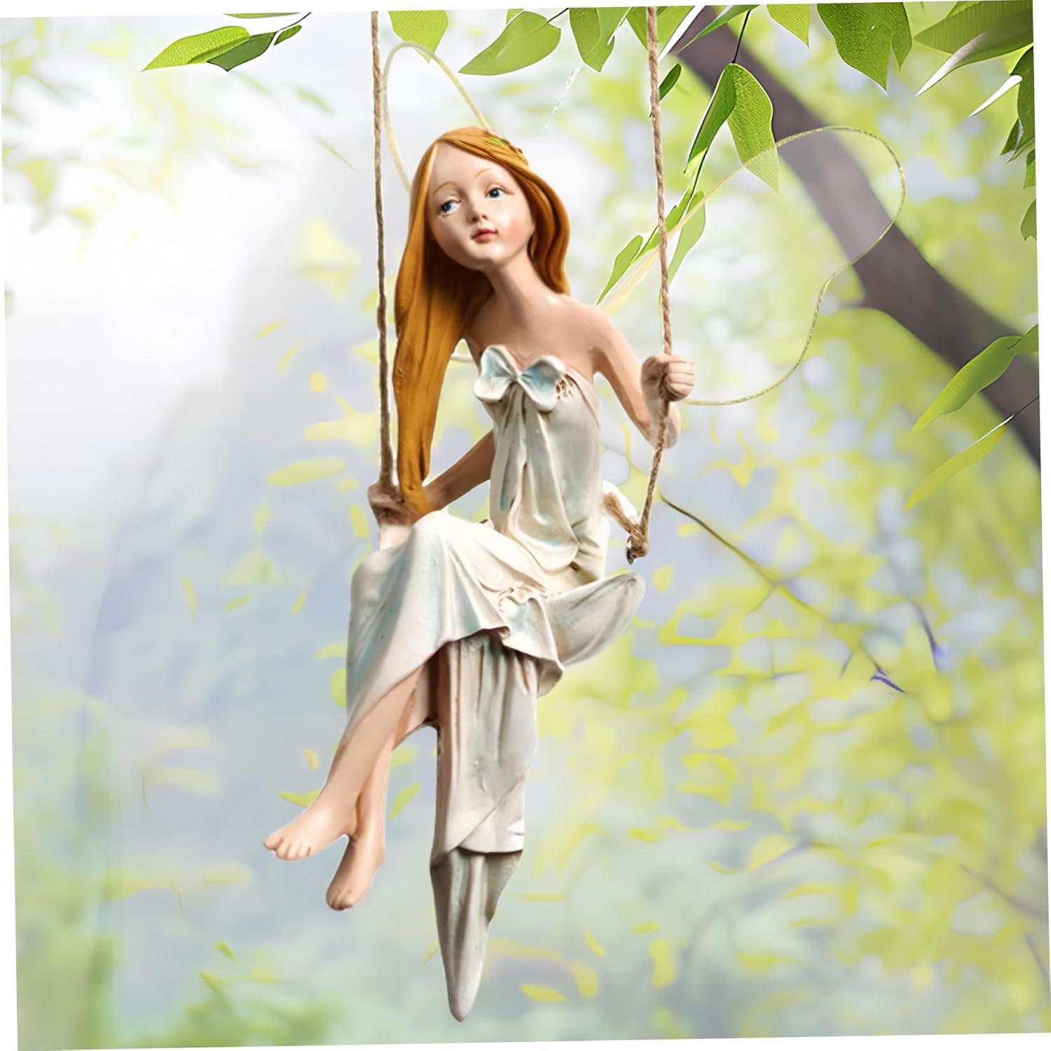 Fairy Garden Swing Fairyland Fantasy Winged Hanging Angel Statue 8In Resin Vivid Decorative Garden Statue for Home Office Yard