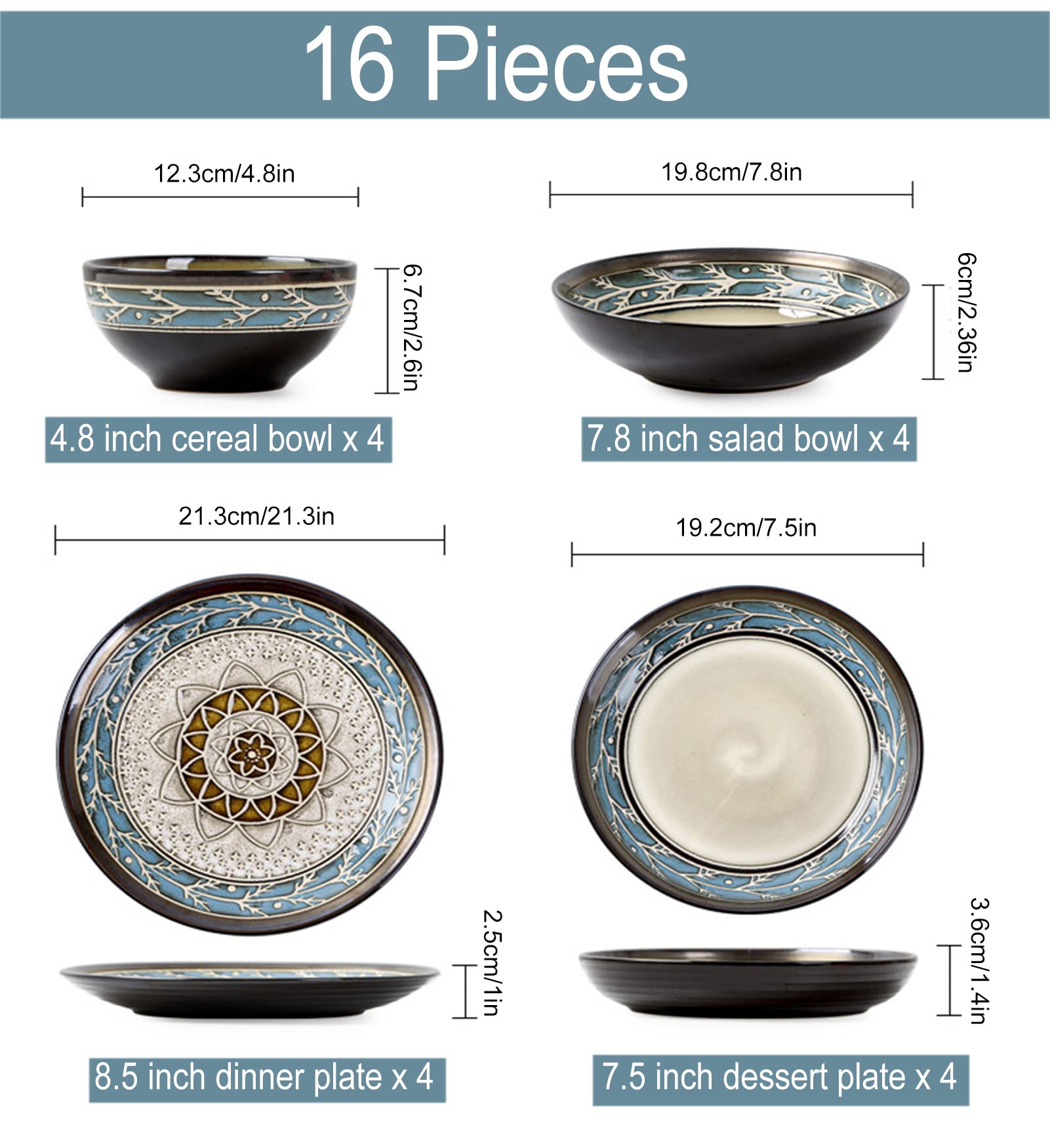 16 szt. Porcelana kompletny zestaw obiadowy, 4 talerze deserowe, 4 talerze obiadowe, 4 miski na płatki śniadaniowe i 4 salaterki dla 4 osób, zestaw naczyń
