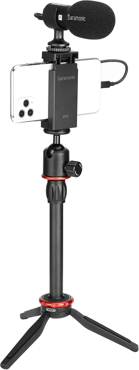 Saramonic SmartMic MTV | Smartphone Video and Vlogging Kit for iPhone & Android with Stereo Microphone, Phone Mount, Tripod, Headphone, Lightning & USB-C Output Cables and More