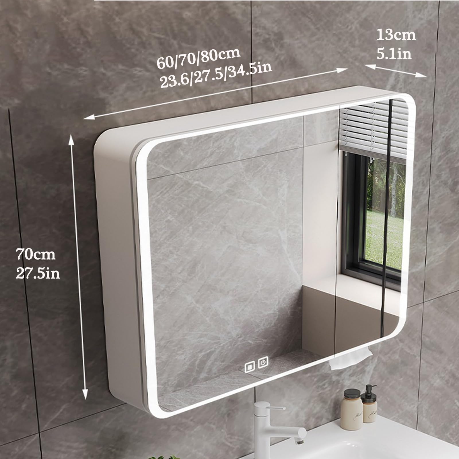 Specchio Bagno Contenitore Con Luce ，Mobile Bagno Con Specchio，Ampia Capacità Di Archiviazione, Tocco Intelligente, Design Antiappannamento, Adatto A Molteplici Scenari(Gray,70cm/27.5in)