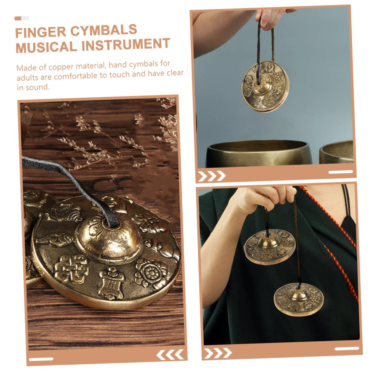 Cimbali in Rame Dorato per Meditazione e Rituali Motivi Vintage di Buon Auspicio, Strumenti Percussivi Etnici per Benedizione ed Esorcismo