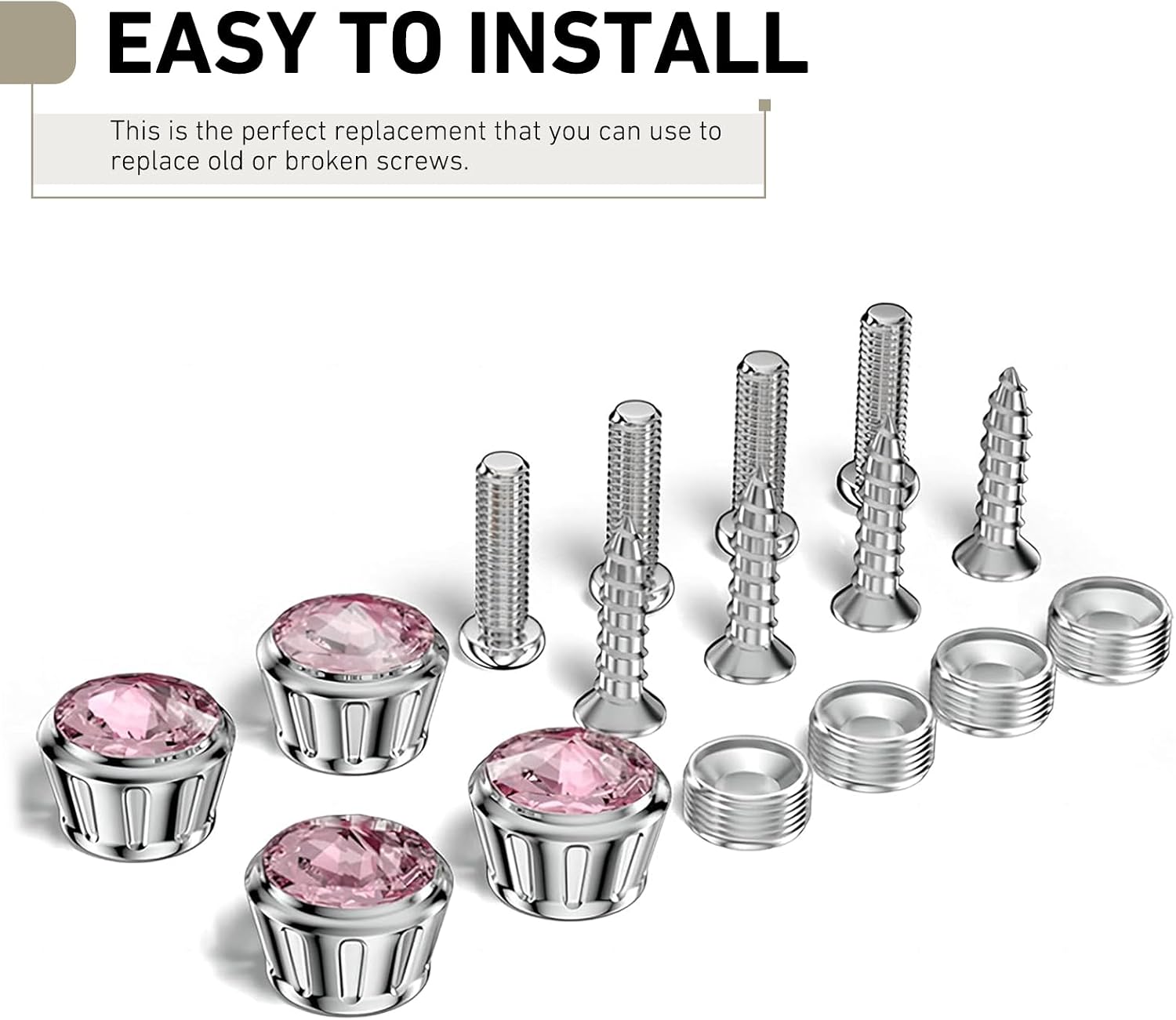 4 PCS License Plate Bolts Kit, Aluminum License Plate Screws Fasteners, Crystal Diamond Anti-Theft Decorative Screws, Universal for Most Cars, Trucks, SUVs (Pink)