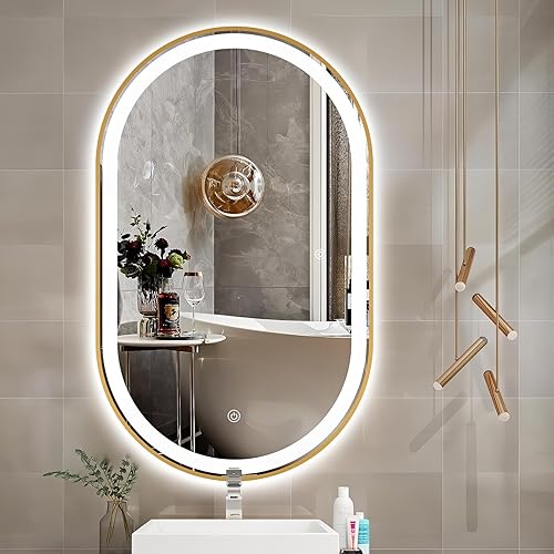 Miniatura 42 de Espejo de baño LED ovalado de 32 x 20 pulgadas con luces, espejo de tocador negro con luz antiniebla montado en la pared, espejo ovalado LED