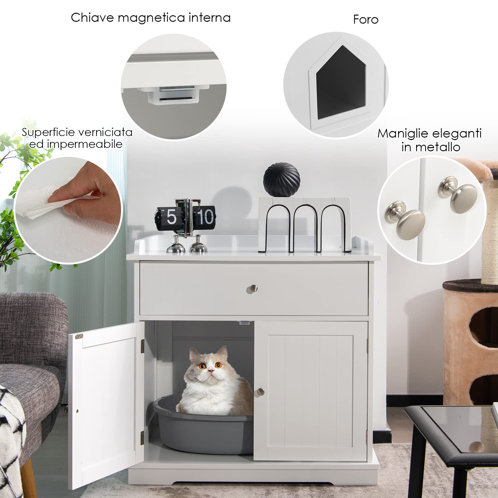 COSTWAY Mobile Lettiera per Gatti in Legno, con Portaoggetti, Bianco