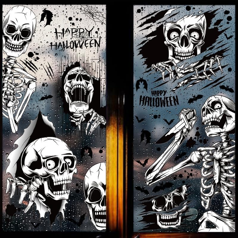 4 Sheets Halloween Skull Window Clings Decals Skeleton Window Wall Stickers Double-Sided Removable Halloween Skull Skeleton Ghosts Window Wall Decorations Window Decor for Halloween Party Supplies