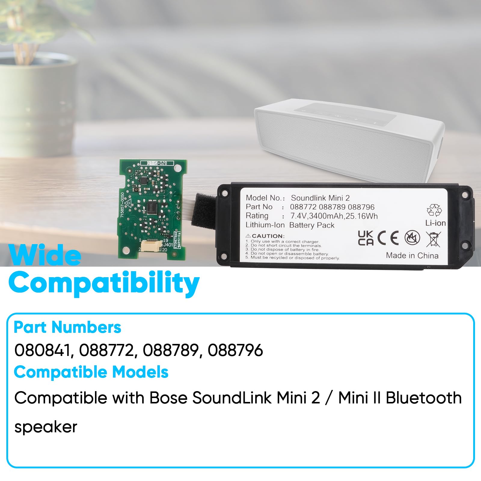 3400mAh 7,4V Batterie Compatible avec Bose Soundlink Mini 2 l'enceinte Bluetooth, Compatible avec Bose 088772, 088789, 088796, 080841, avec Circuit Imprimé(PCB)