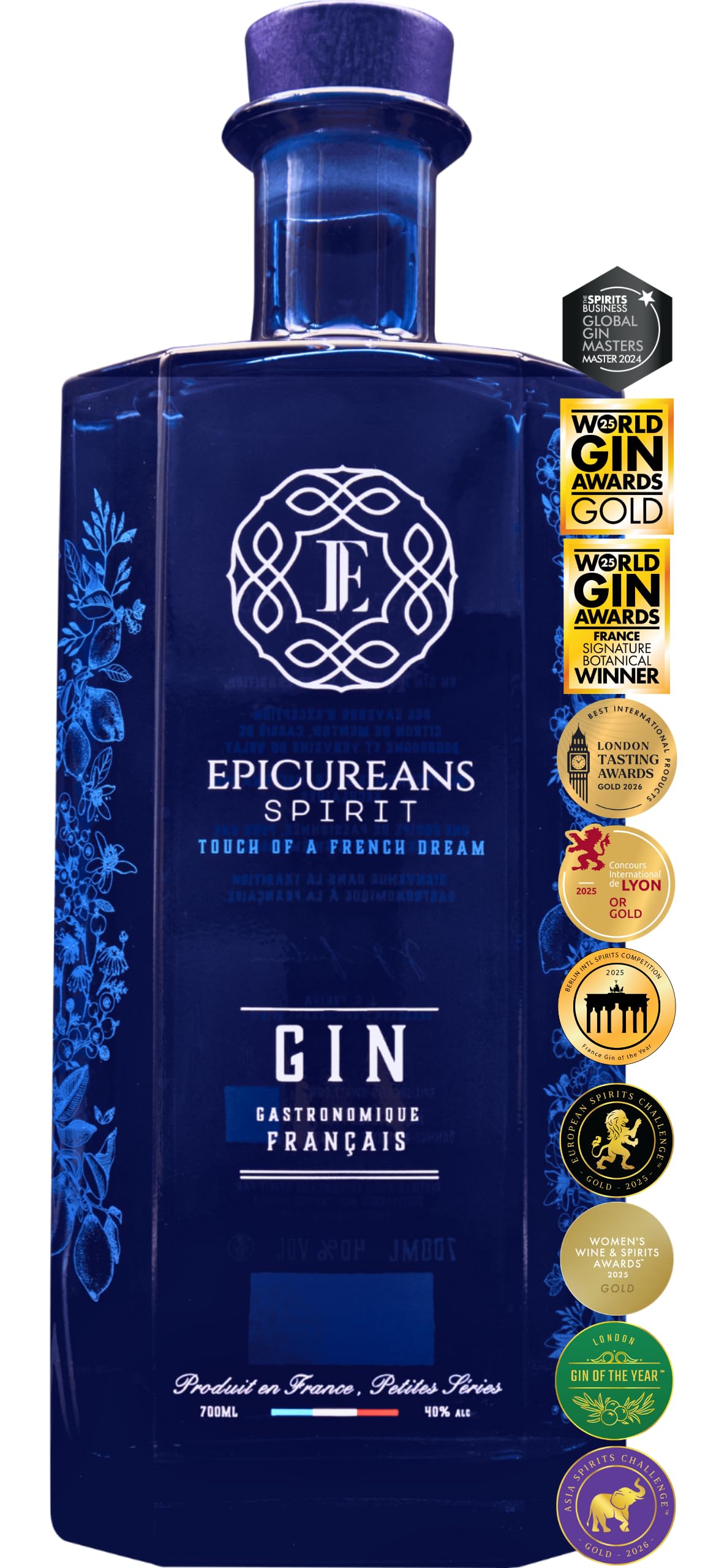 EPICUREANS SPIRIT - Le Gin Gastronomique Français, Citron de Menton, Cassis de Bourgogne et Verveine du Velay - 17 Médailles, 10 en Or - Gin Premium - 40%, 70cl