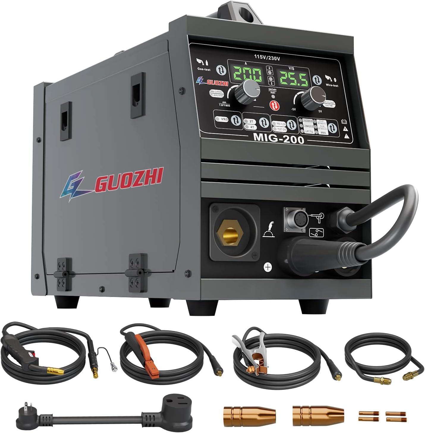 GZGUOZHI 200Amp MIG Welder,110/220V Dual Voltage, Gas Gasless MIG Welding Machine, Solid Wire Flux MIG/Lift TIG/Stick ARC Multiprocess MIG Welder