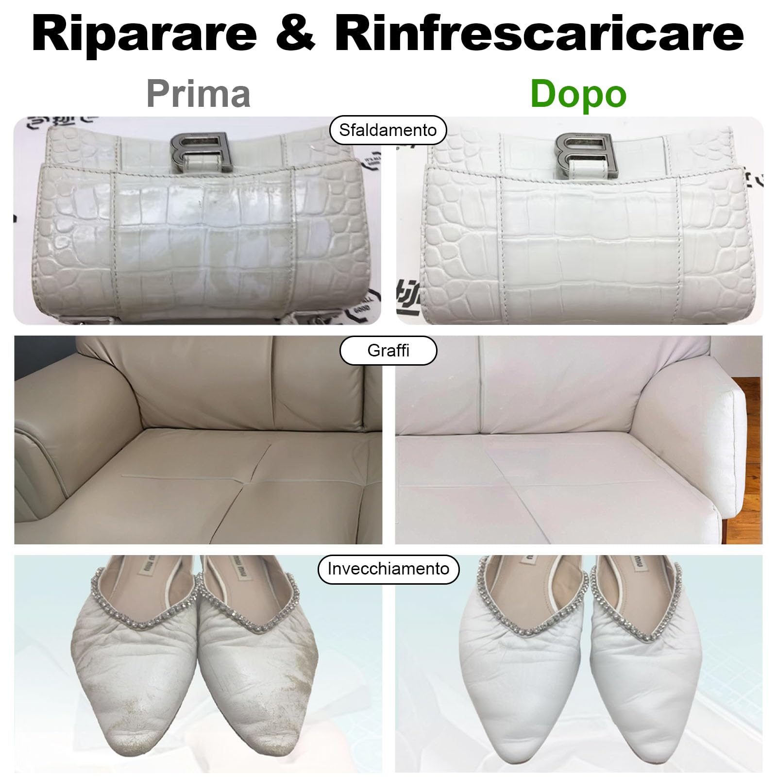 250g Bianco Kit Riparazione Pelle,Smacchiatore Sedili Auto,Ripara Pelle Divano Graffio,Pelle Rinnova Volante in Pelle,Tintura per Pelle Scarpe,Giacca,Sofa,Sedili Auto