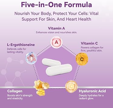 Inner Brightness L-Ergothioneine Supplements with Hyaluronic Acid & Collagen for Women, Non-GMO, Gluten Free, Vegan, Promotes Longevity & Healthy Aging, 60 Capsules