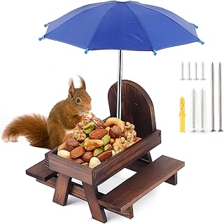 Creechwa Squirrel Feeder, Wooden Squirrel Picnic Table, Outdoor Bird Squirrel Feeding Station with Umbrella and Corn Cob Holder for Garden Trees Forest House (Brown)