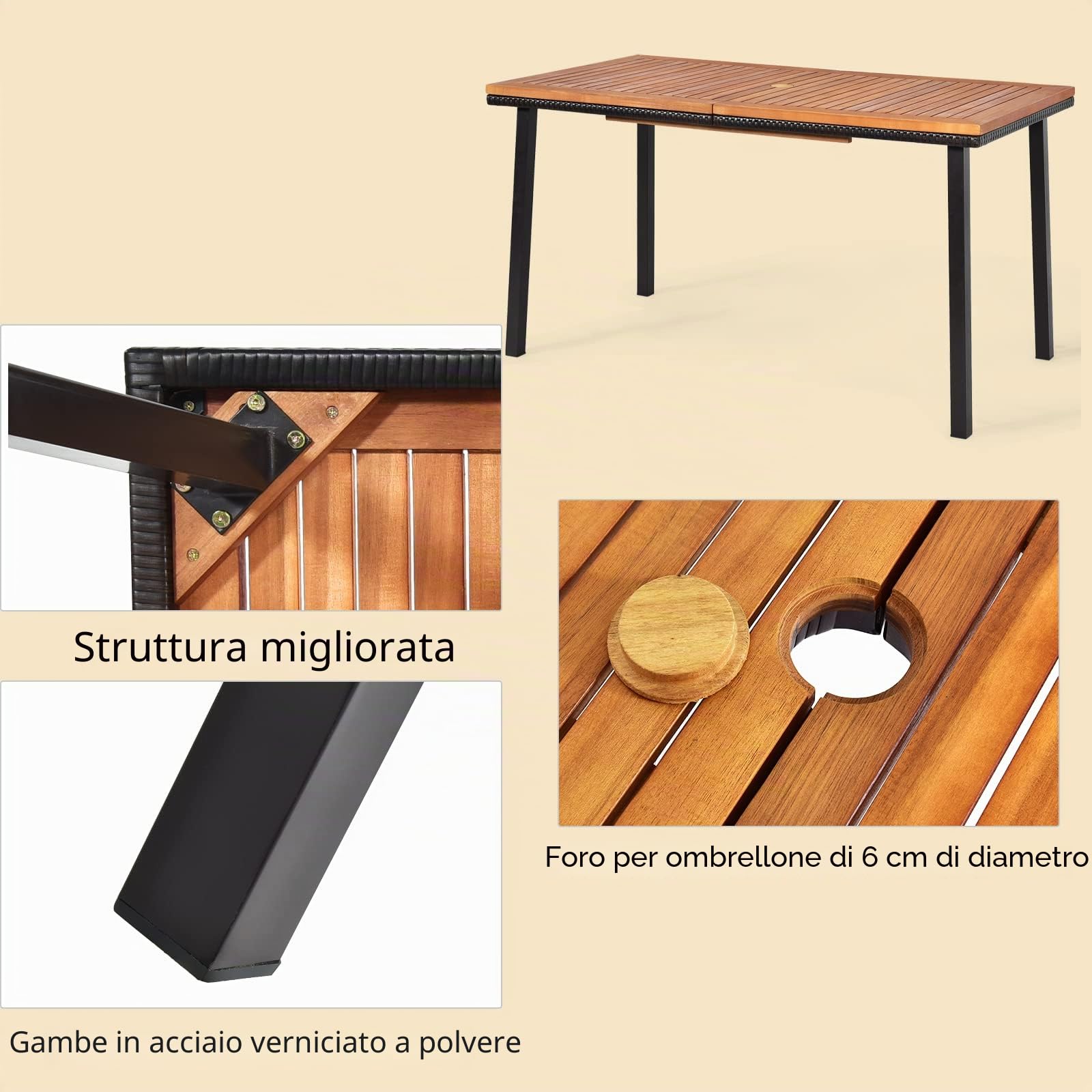 LIFEZEAL Tavolo da pranzo con foro per ombrellone, tavolo da giardino in legno di acacia con gambe in metallo, tavolo da pranzo per cucina, terrazza, giardino, 140 x 75 x 75,5 cm