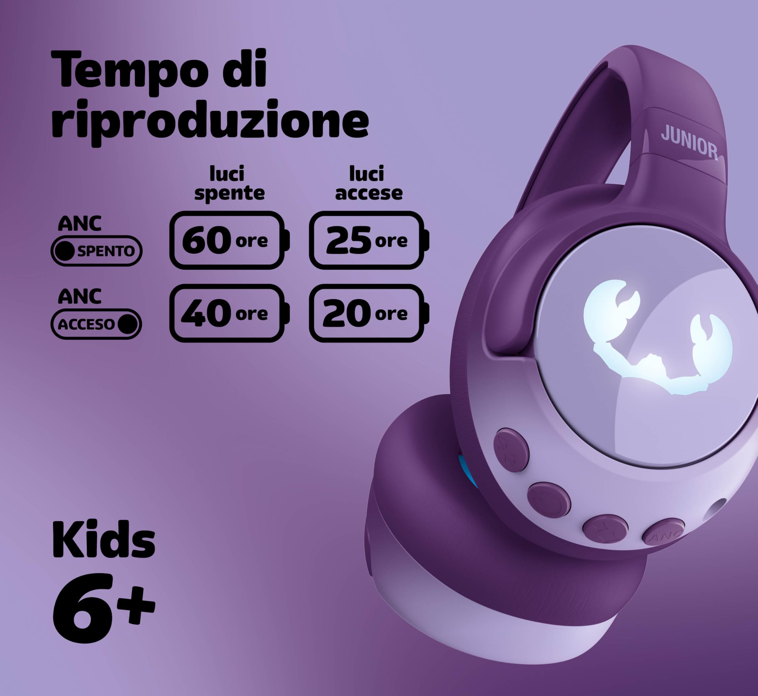 Fresh 'n Rebel Clam Junior, Cuffie Bluetooth per Bambini con Cancellazione Attiva del Rumore, suono sicuro (<85dB), Cavo audio e Adesivi inclusi, Effetti LED. 60 ore di riproduzione (Mighty Magic)