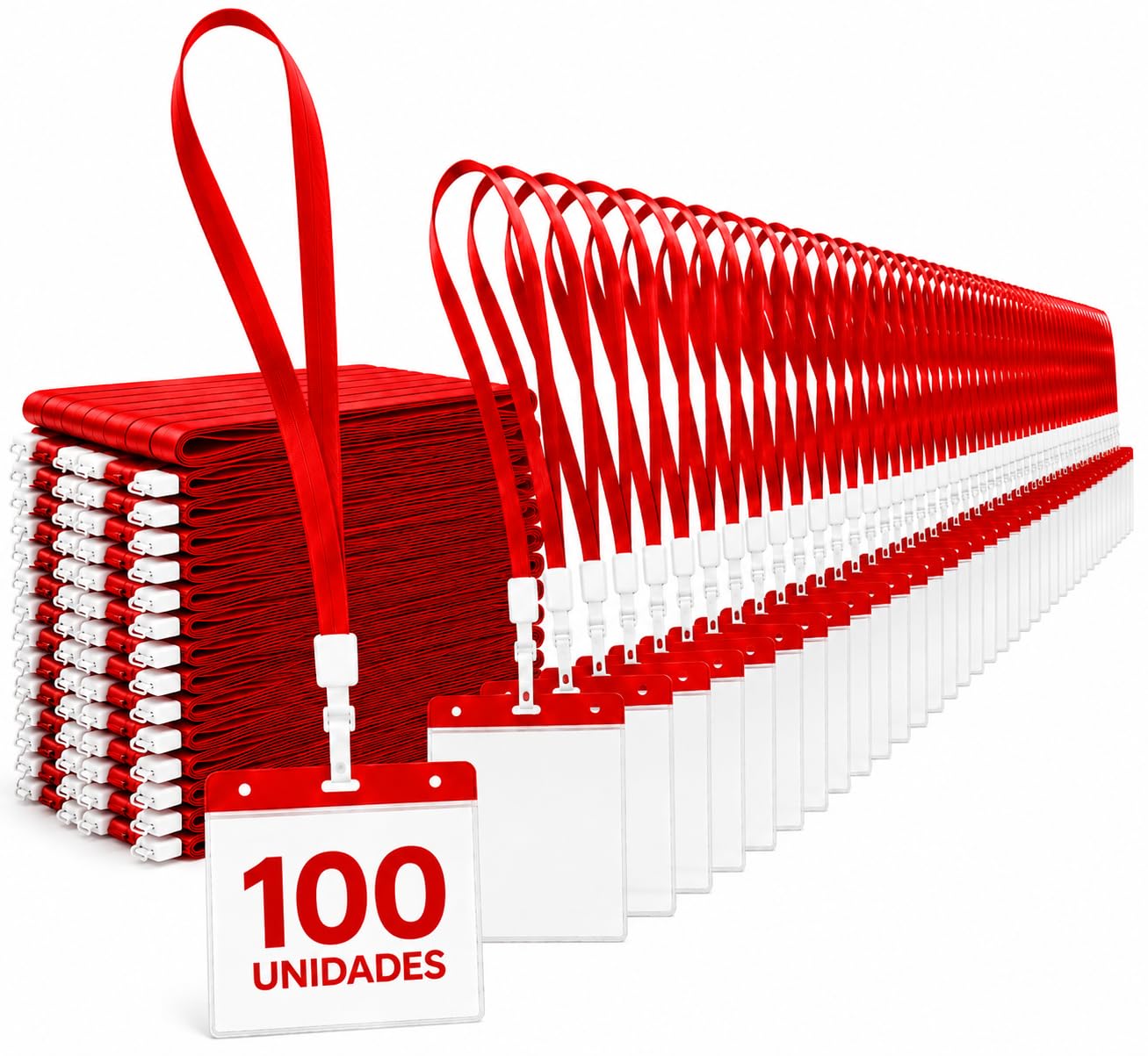 Lot de 100 porte-badges avec lanière rouge et étui transparent de 110 x 80 mm pour badges d'identité, bureau, événements et accréditations