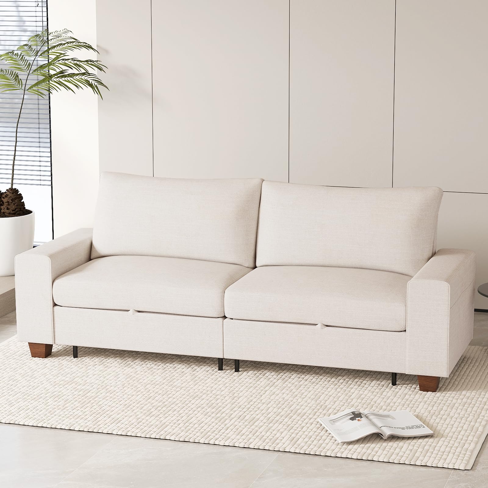 88" Upholstered Sofa Couch with Seats Storage, Chenille Fabric Sofa for Living Room, Office, Apart W/Deep Seat, Wide Arms, Side Pockets,Removable Cover (Beige)