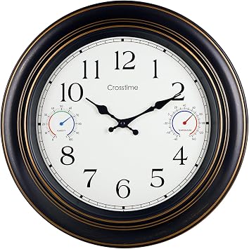 Crosstime 18 Inch Large Outdoor Clock Waterproof with Thermometer & Hygrometer - Silent Retro Wall Clock Decor for Patio, Pool, Garden, Backyard - Bronze
