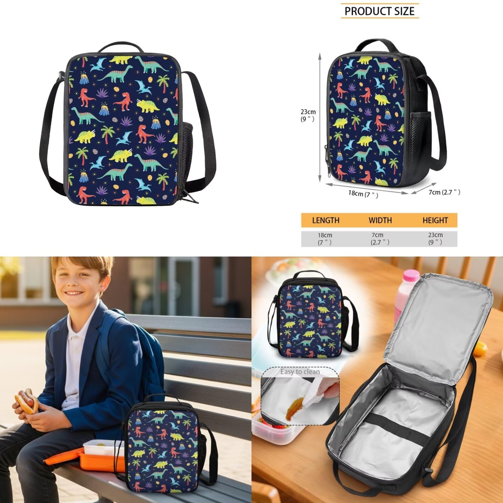 Zaino per bambini a forma di cartone animato per libri scolastici con borsa per il pranzo, astuccio per matite, custodia per bottiglie, portachiavi con ciondolo, set, Dinosauro cartone