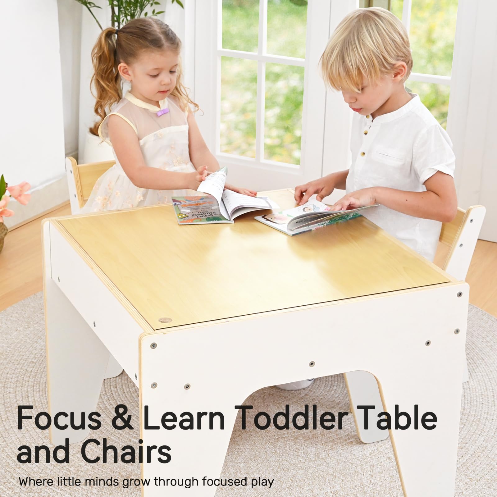 Juego de mesa y sillas para niños pequeños 4 en 1, mesas de juego para niños con almacenamiento, mesas sensoriales de madera con placa base de bloqueo de doble cara, mesa de actividades para 4