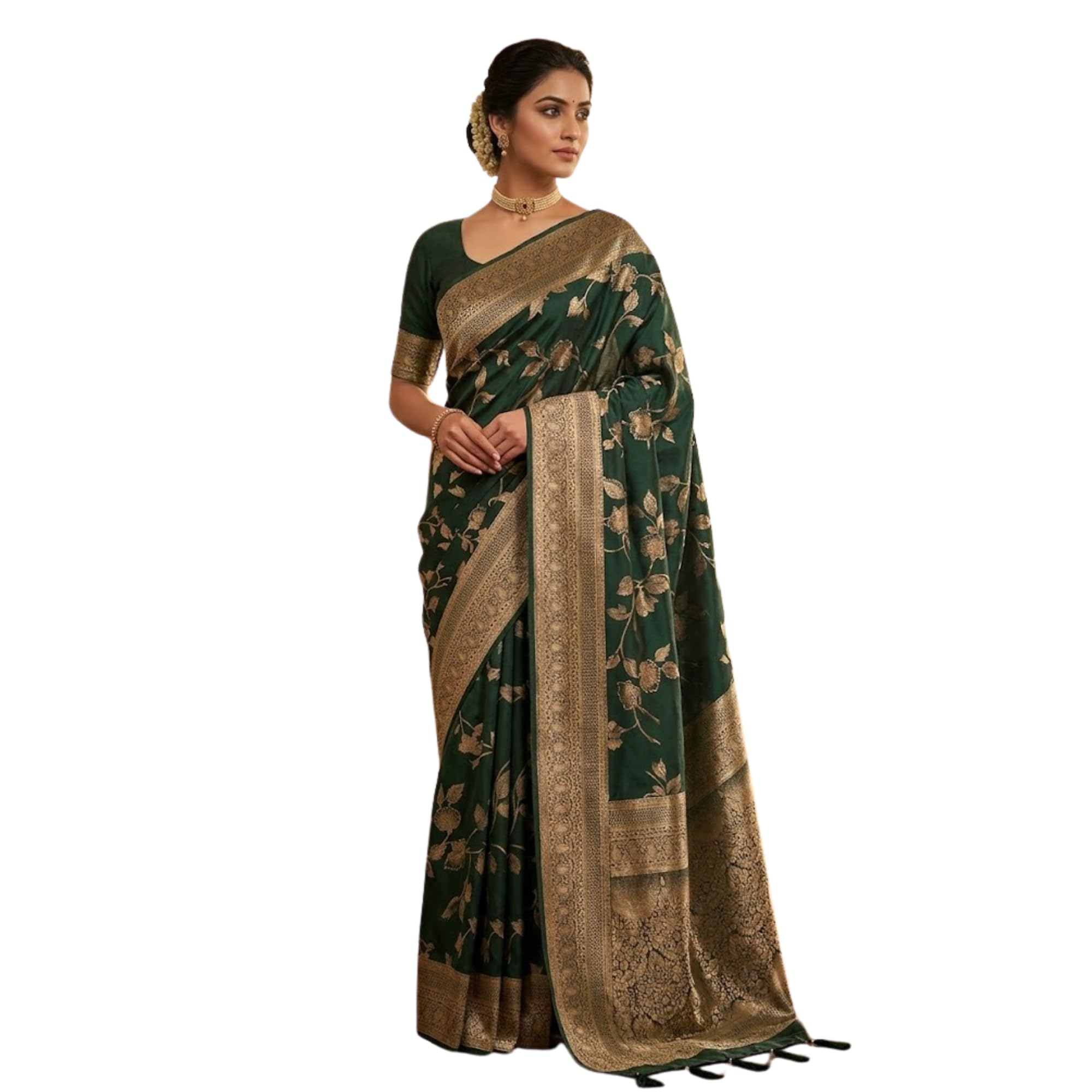 Saree for Women, Traditional Jacquard Zari Woven Saree with Unstitched Blouse Piece for Party-picture-19