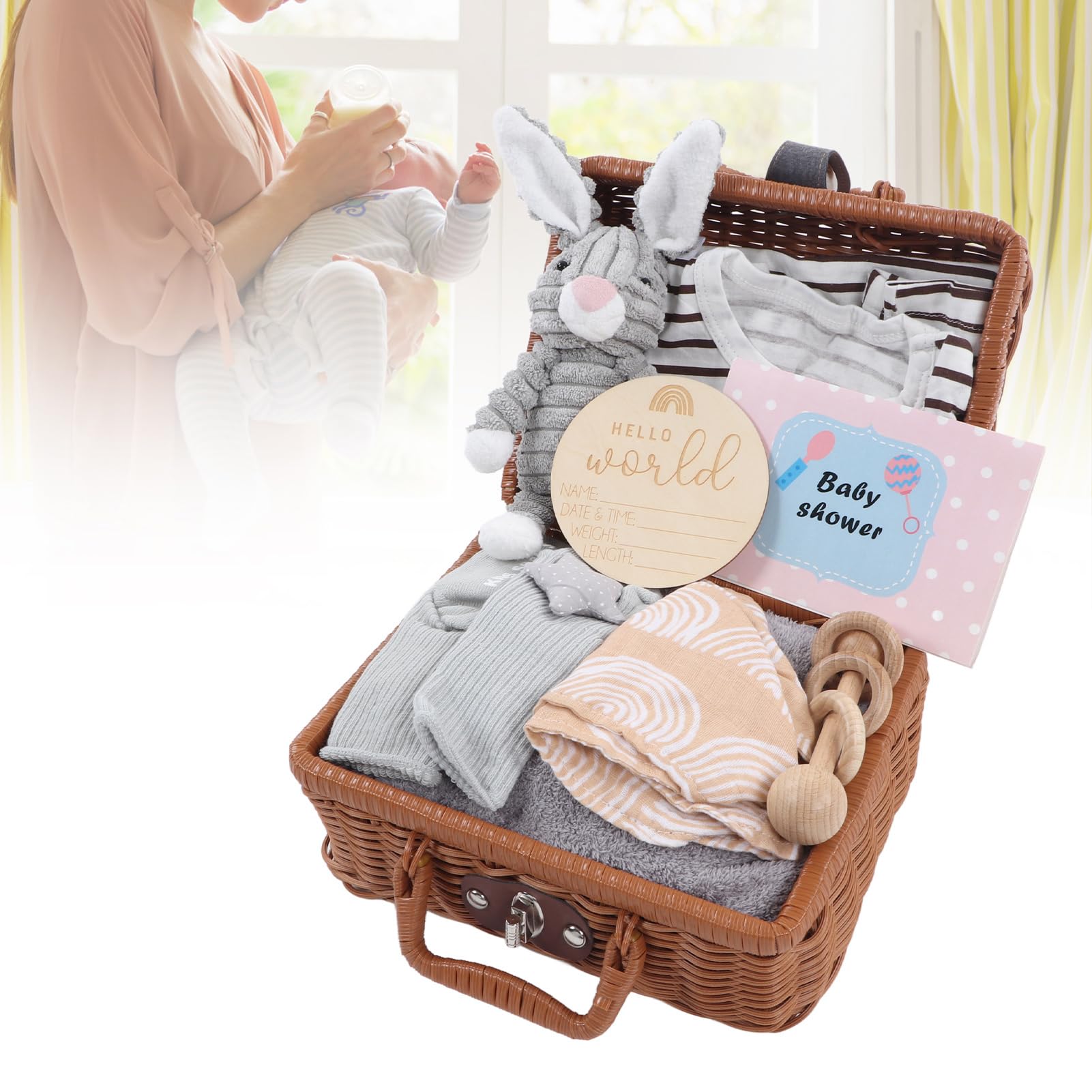 Fabater Neugeborenen-Socken-Deckenkorb, 9-in-1-Holzrassel, Babyparty-Geschenkset, Beißspielzeug, Weiche Plüschpuppe, Geschenkkorb mit Grußkarte für Neugeborene, und Mädchen, Lindert