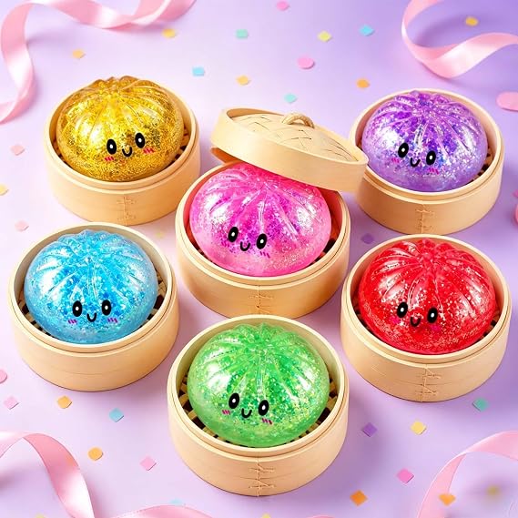 12pcs Glitter Dumpling Squishy, Bao Squishy Dumpling Toy with Plastic Steamer Box, Cute Soft Sensory Fidget Squeeze Toys for Kids Boys Girls Adults Home Office Classroom