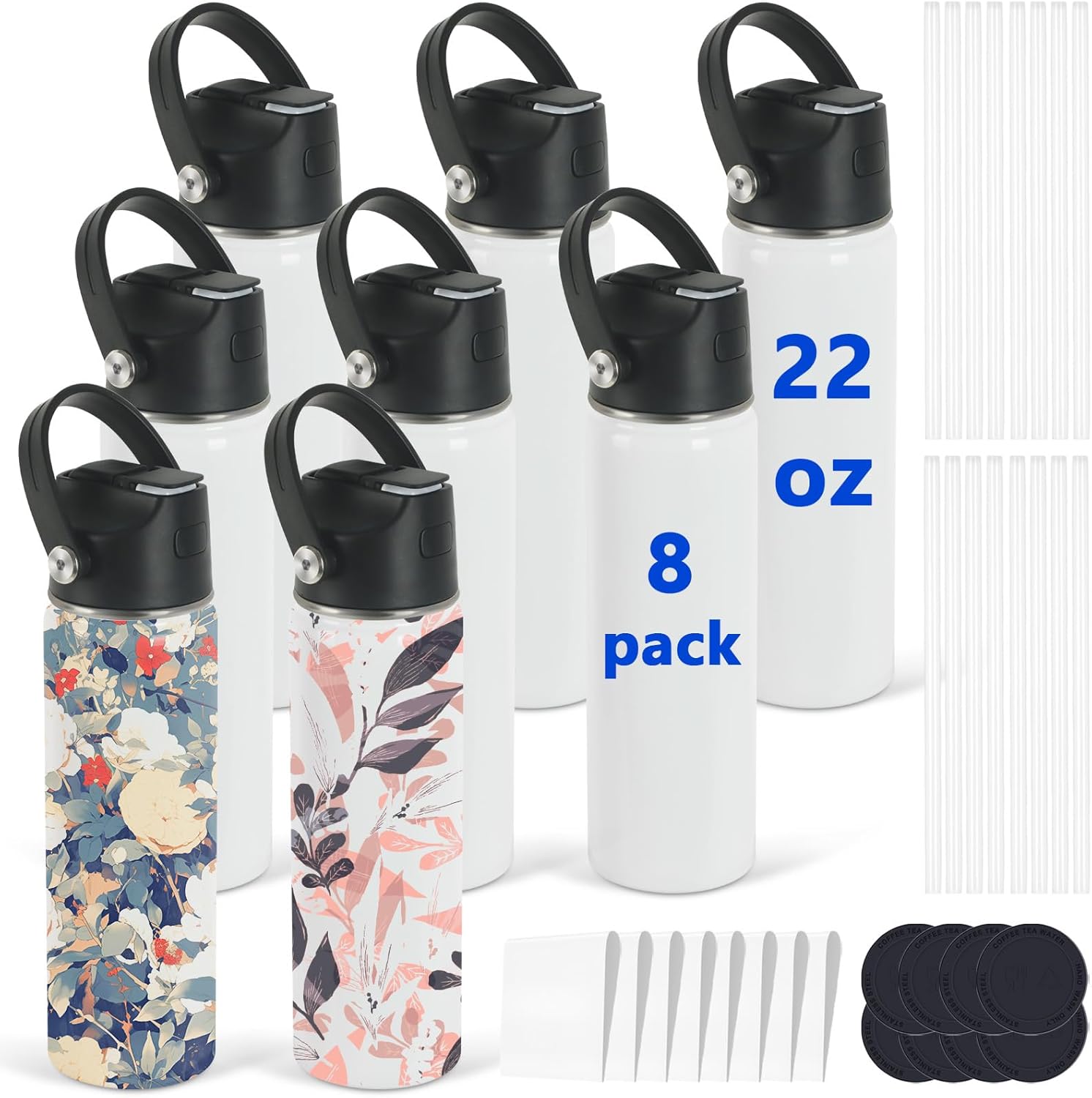 Sublimation Sports Water Bottle Blanks, 22 oz Sublimation Tumblers Bulk, Stainless Steel Insulated Tumblers with Leak Proof Lid and Portable Handle, Individually Boxed (8 Pack)