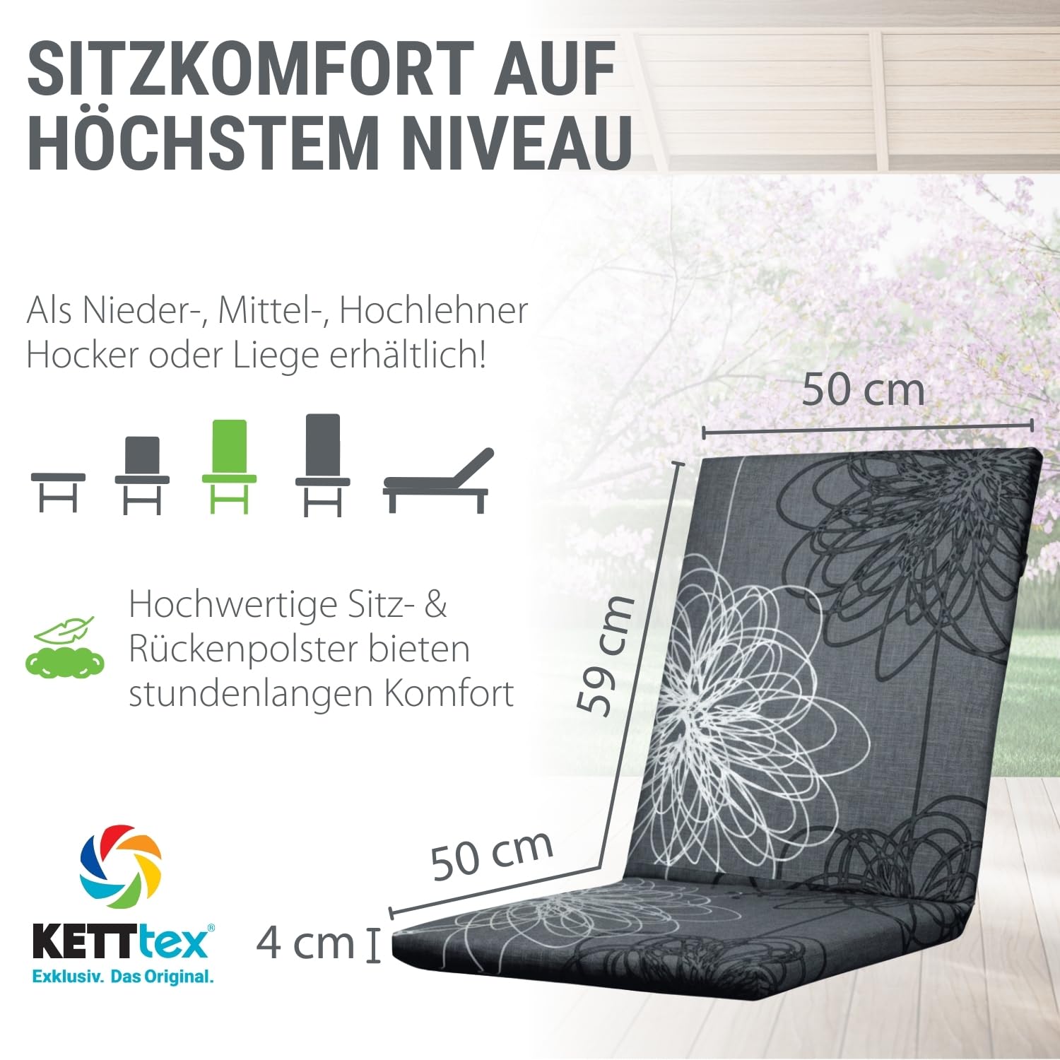 Auflage Mittellehner anthrazit floral I Gartenstuhl Polster 109x50x4cm I hochwertige und Pflegeleichte Sesselauflage I Wetter- und formbeständige Stuhlauflage I KTH2 Sitzauflage