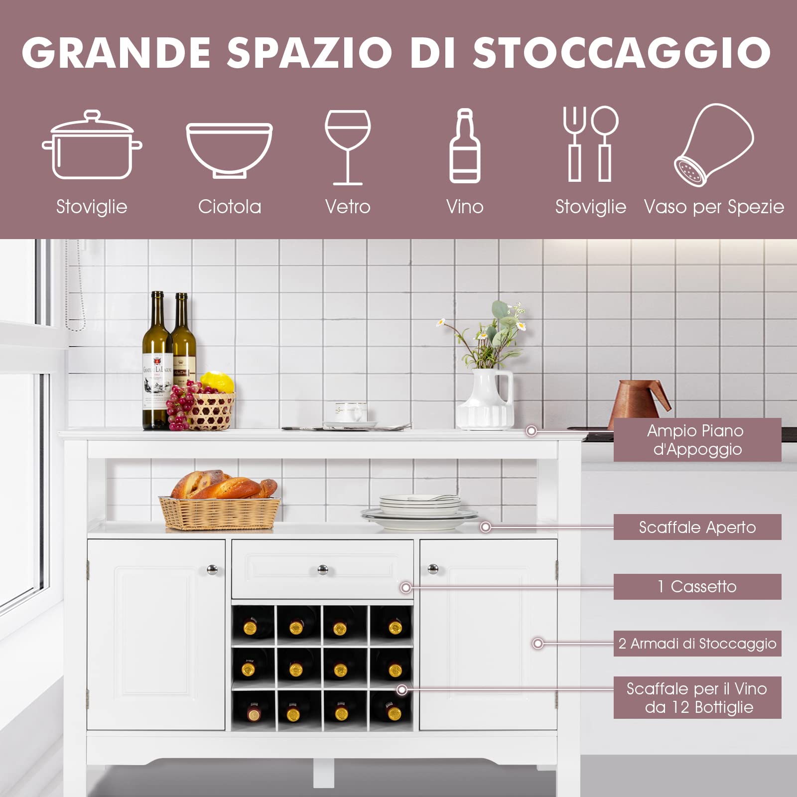 COSTWAY Credenza Moderna con Tanto Spazio, Credenza Cucina con Porta Bottiglie di Vino a Forma Incrociata, Mensola Aperta, 2 Armadietti e Cassetto, 117 x 40,5 x 82,5 cm (Bianco)