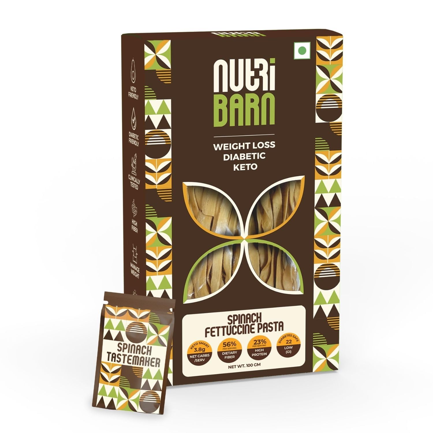 Nutribarn High Protein Low Carb Spinach Fettuccine Pasta 100 Gms | 23% Protein | 3.8g Net Carbs | Lab Tested Low GI 22 | Diabetic Friendly, Weight Management Flat Noodles | 100g (1 Pack)