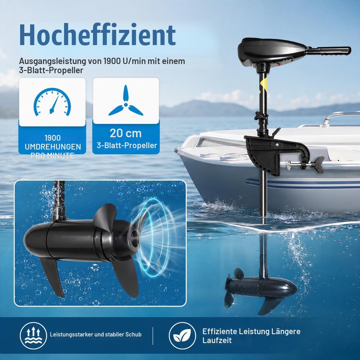 Elektro Außenborder 55 lbs, 12V, 5 Vorwärts-/3 Rückwärtsgänge | 626 W Kupfermotor | 5/3 Gänge | Batterieanzeige | Teleskopgriff 45-56 cm | Klemmhalterung | Schutzring-Propeller