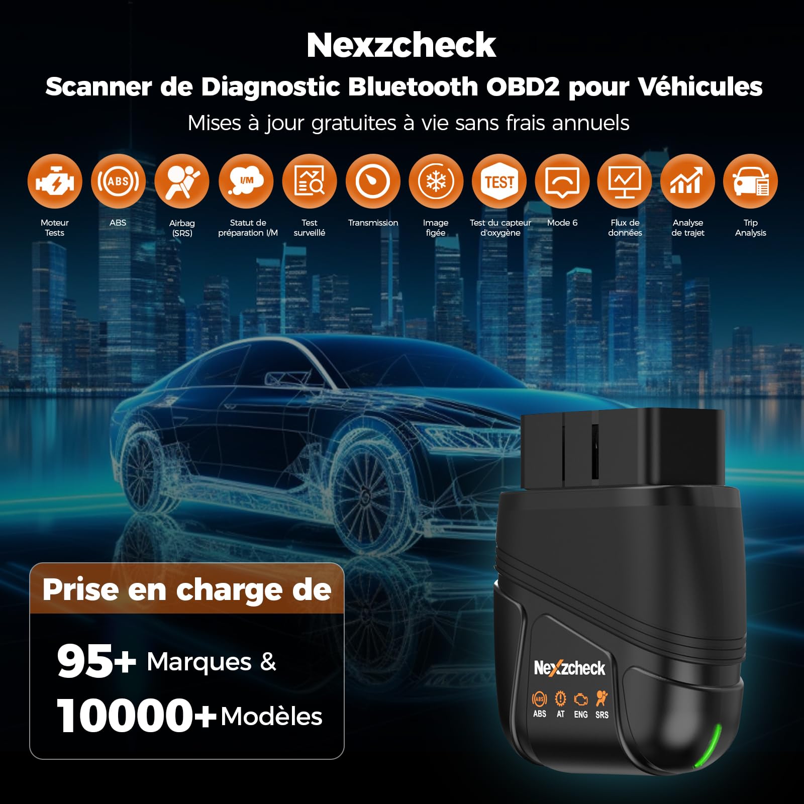 OBD2 Bluetooth Valise Diagnostic Auto : Scanner OBD Multimarque Français pour Diagnostic Moteur/Boîte/ABS/Airbag - Compatible iOS Android Windows - Analyse Complète Systèmes Mise à Jour Gratuite à Vie