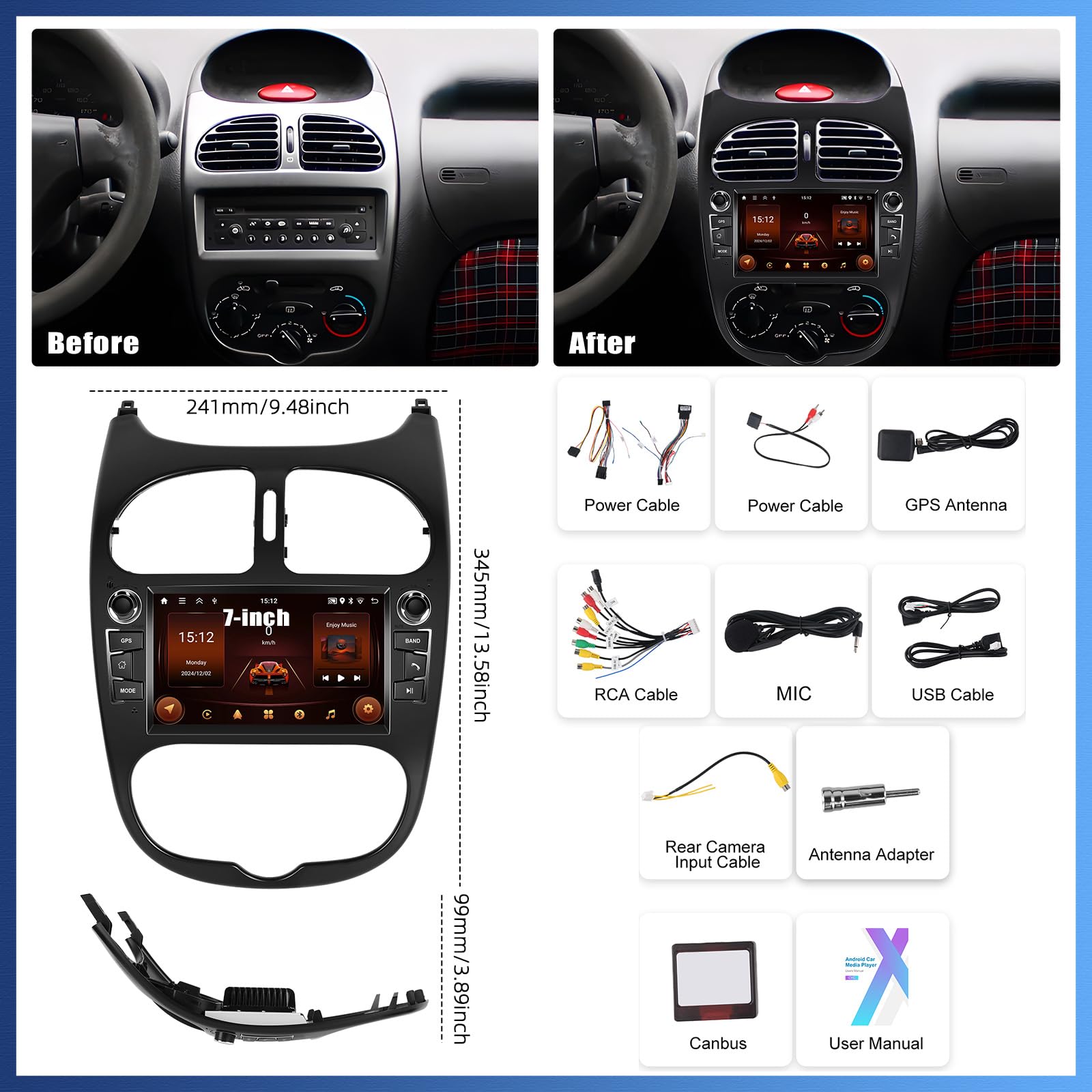 Android 15, 2G+64G CAMECHO Autoradio pour Peugeot 206 206CC 2002-2010 avec Carplay Android Auto, 7 Pouces Écran Tactile avec GPS Navi WiFi Mirror Link Bluetooth FM/RDS SWC Caméra de Recul