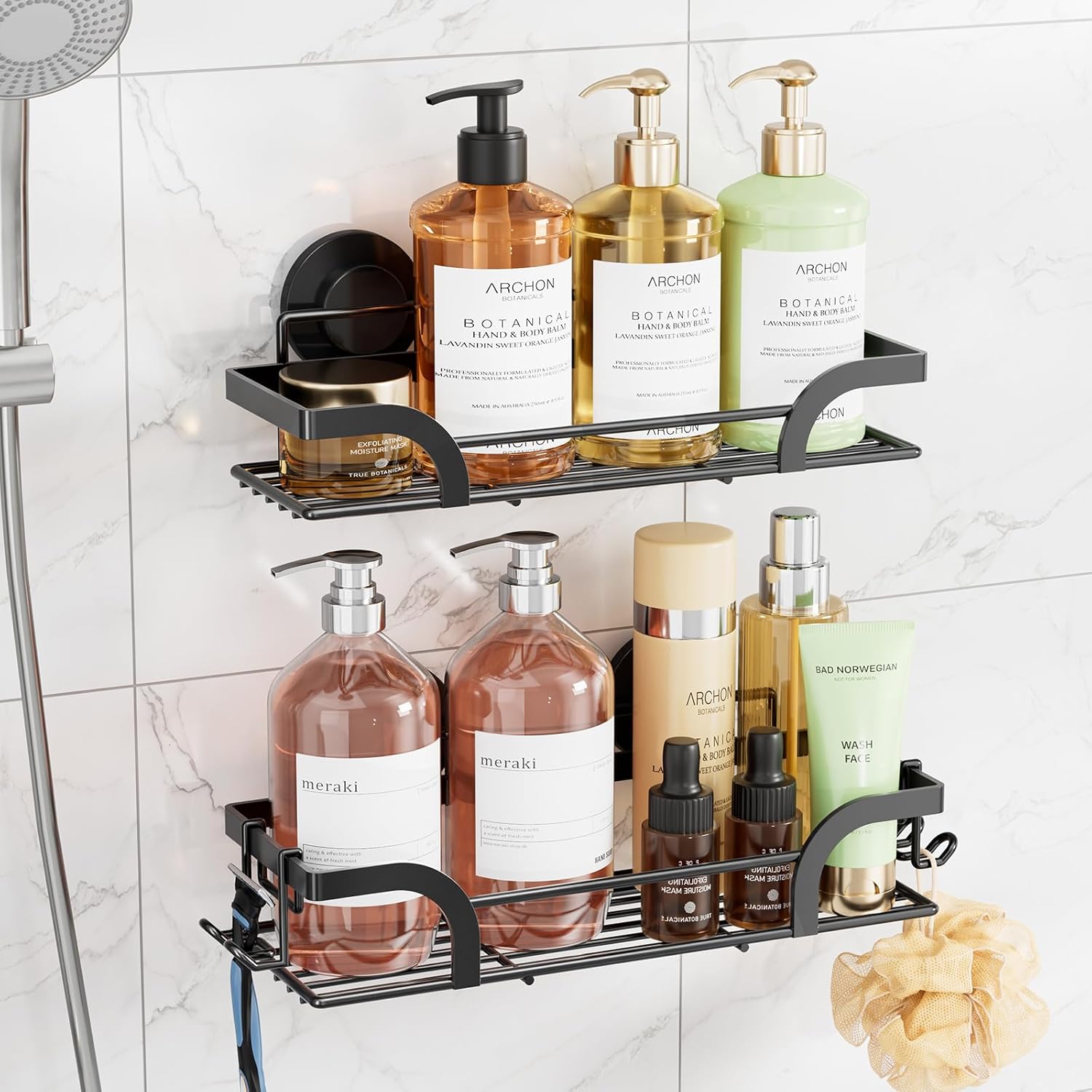 TAILI Shower Caddy Suction Cup 2 Pack, Heavy Duty Bathroom Organizer, No Drilling Bath Shelves for Inside, Stainless Steel Shower Holder Organizer for Bathroom Storage & Home Decor, Black (2Tiers) Thumbnail