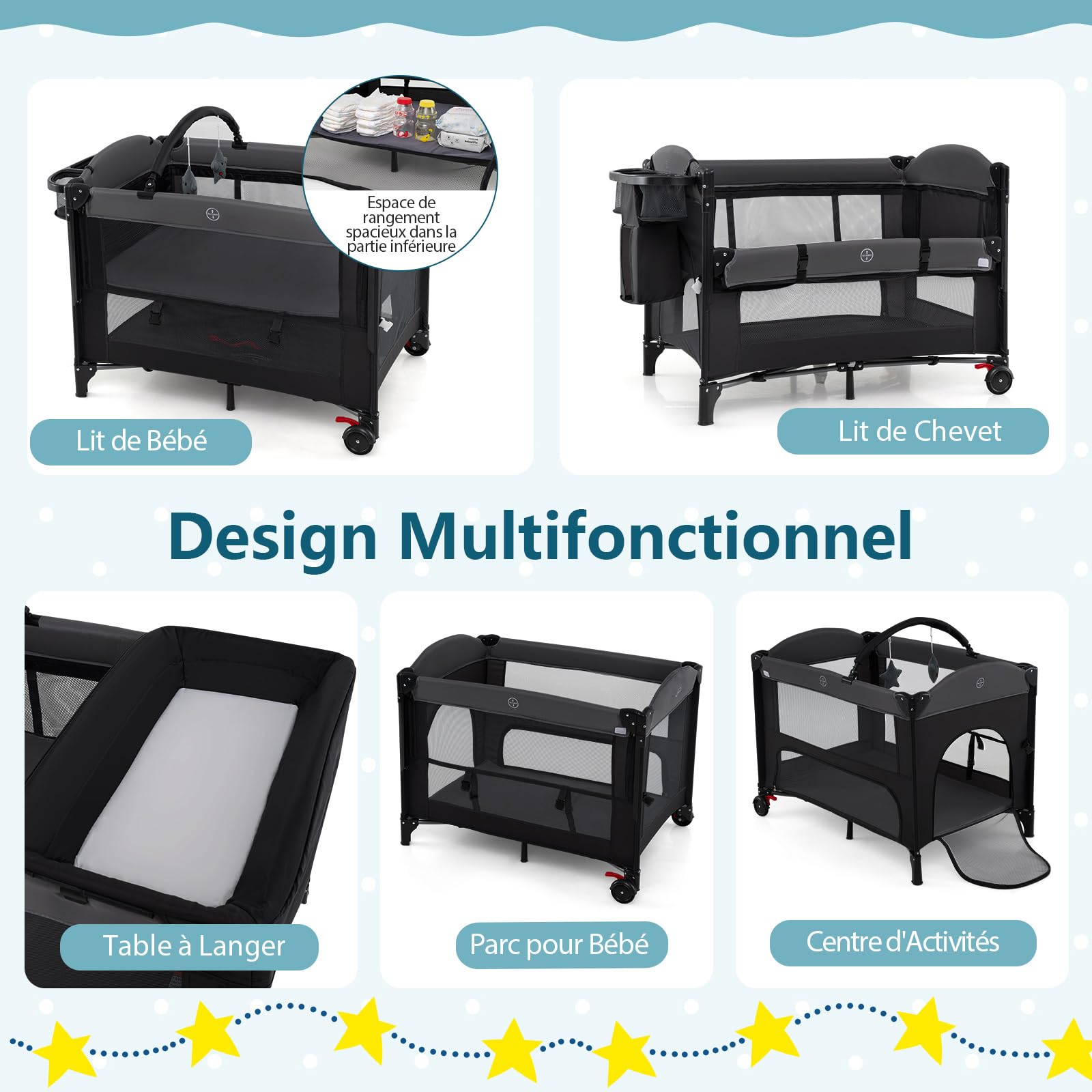 COSTWAY 5 en 1 Lit Parapluie Bébé avec Matelas Moustiquaire Table à Langer, Lit de Voyage Hauteurs Réglables, Charge Max 15kg 0-3 Ans