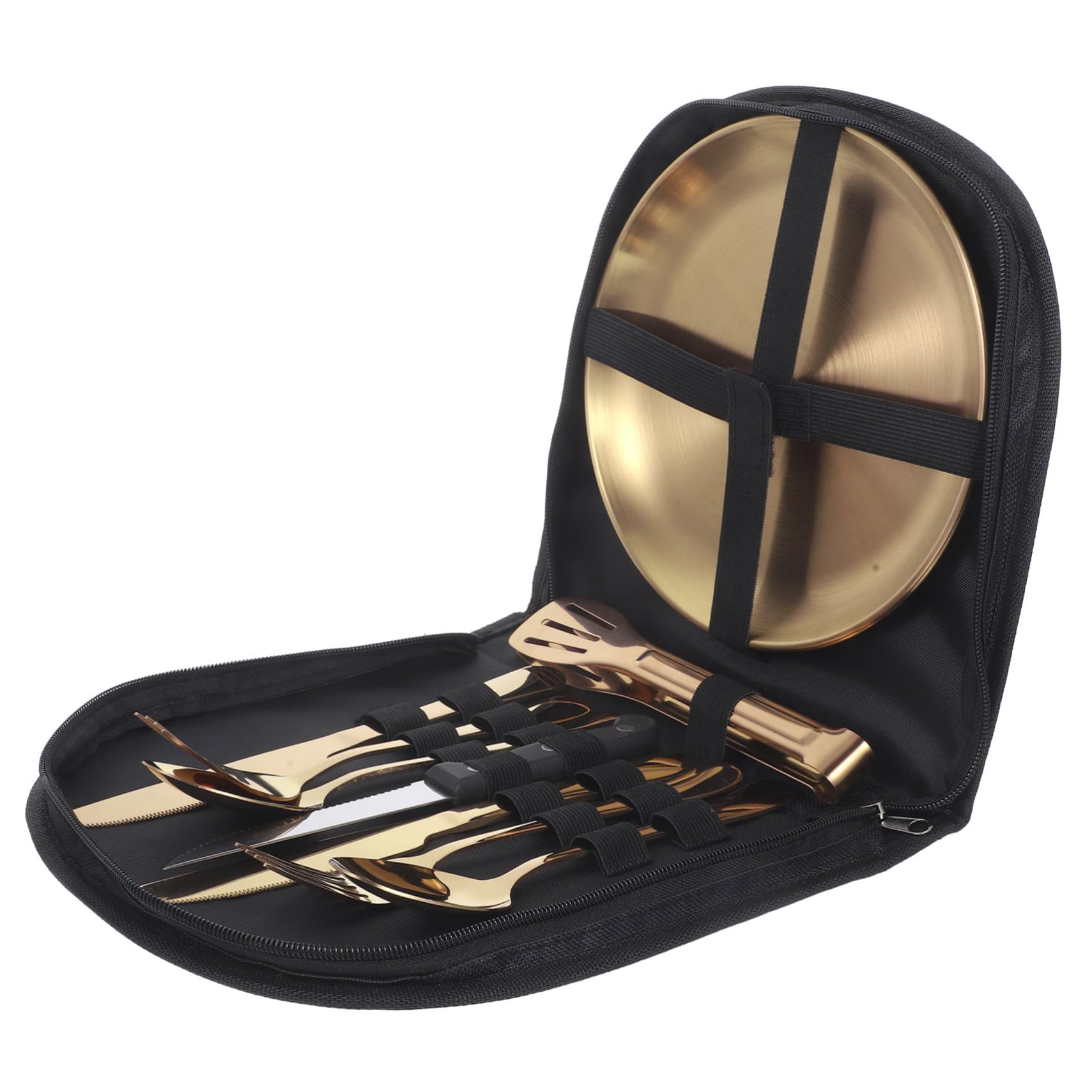 VILLCASE Teiliges Edelstahl Camping Besteckset für Outdoor Inklusive Messer Gabel Löffel Wiederverwendbar Tragbar mit Aufbewahrungstasche für Camping Picknick und Reisen Goldfarben