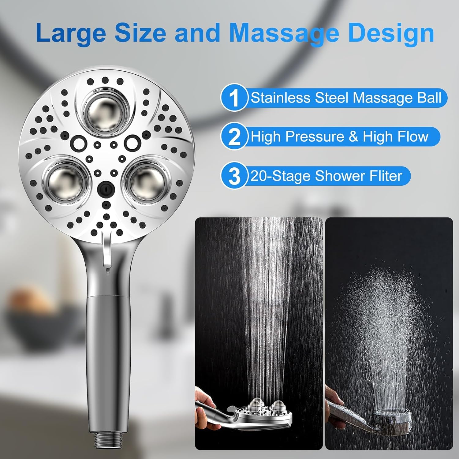 Filter Handheld Shower Head for Residual Chlorine Remove,10-Spray Modes Massage Showerhead, Large Powerful Handheld Showerhead with 79in Hose Detachable (Premium Chome)