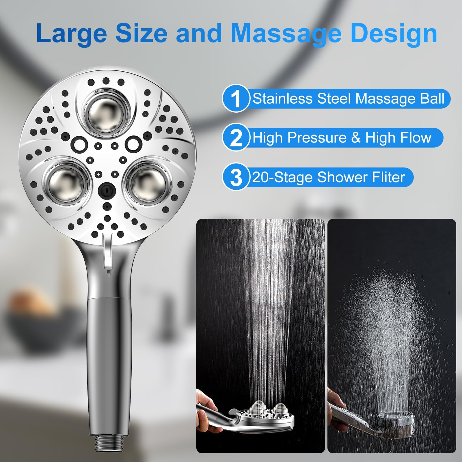 Duschkopf mit Handbrause, 10 Sprühmodi, Massage-Duschkopf, gefilterter Duschkopf mit 2 Filtern für hartes Wasser, 2 integrierte Power-Jets, Duschköpfe, (Premium Chome) (Premium Chome)