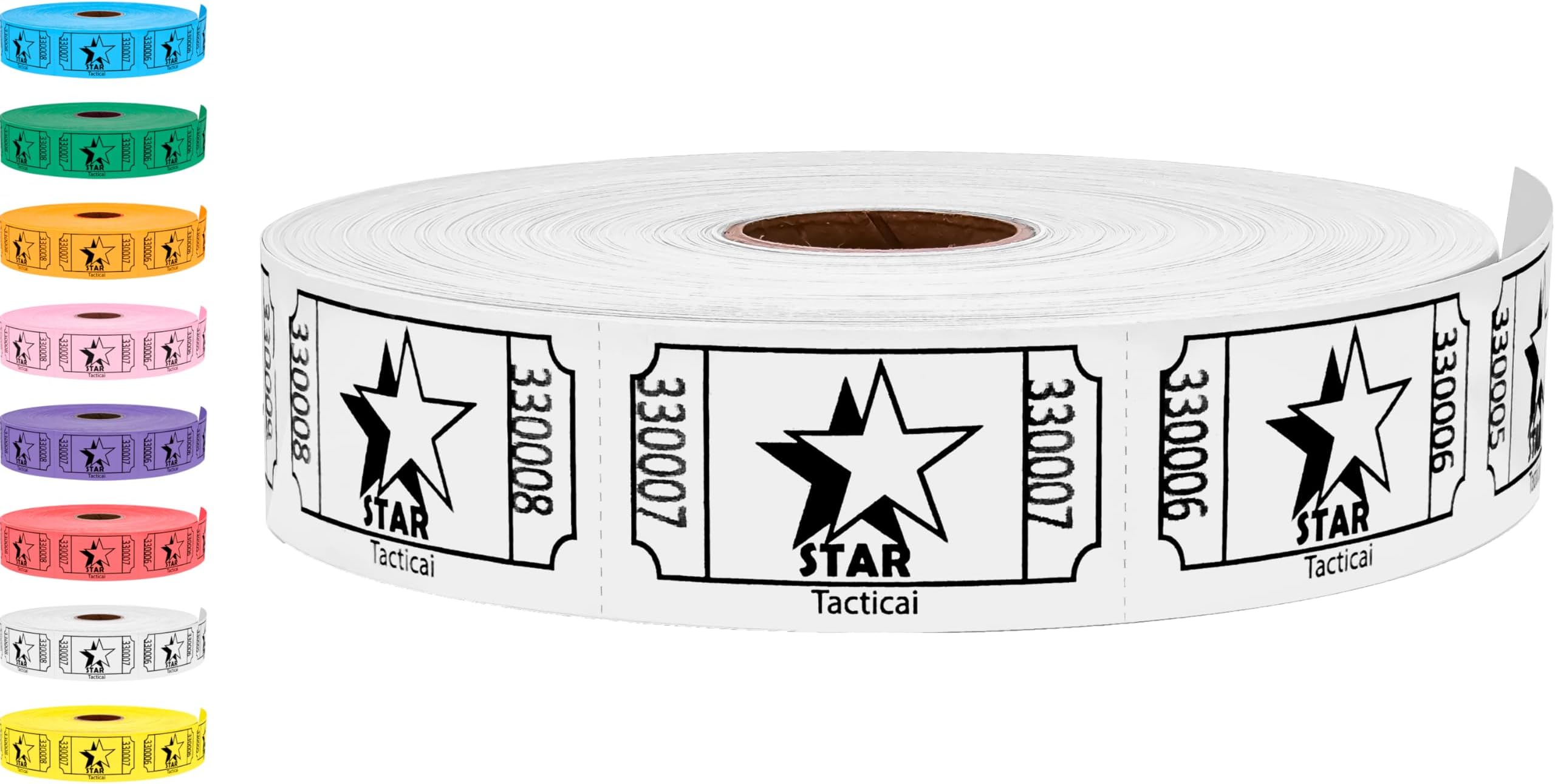 Tacticai 1000 Raffle Tickets, Star, White, Single Roll for Events & Prizes | 8 Color Options, Premium Cardstock, Easy-Tear Perforations, Writable Surface โ Proudly Made in USA