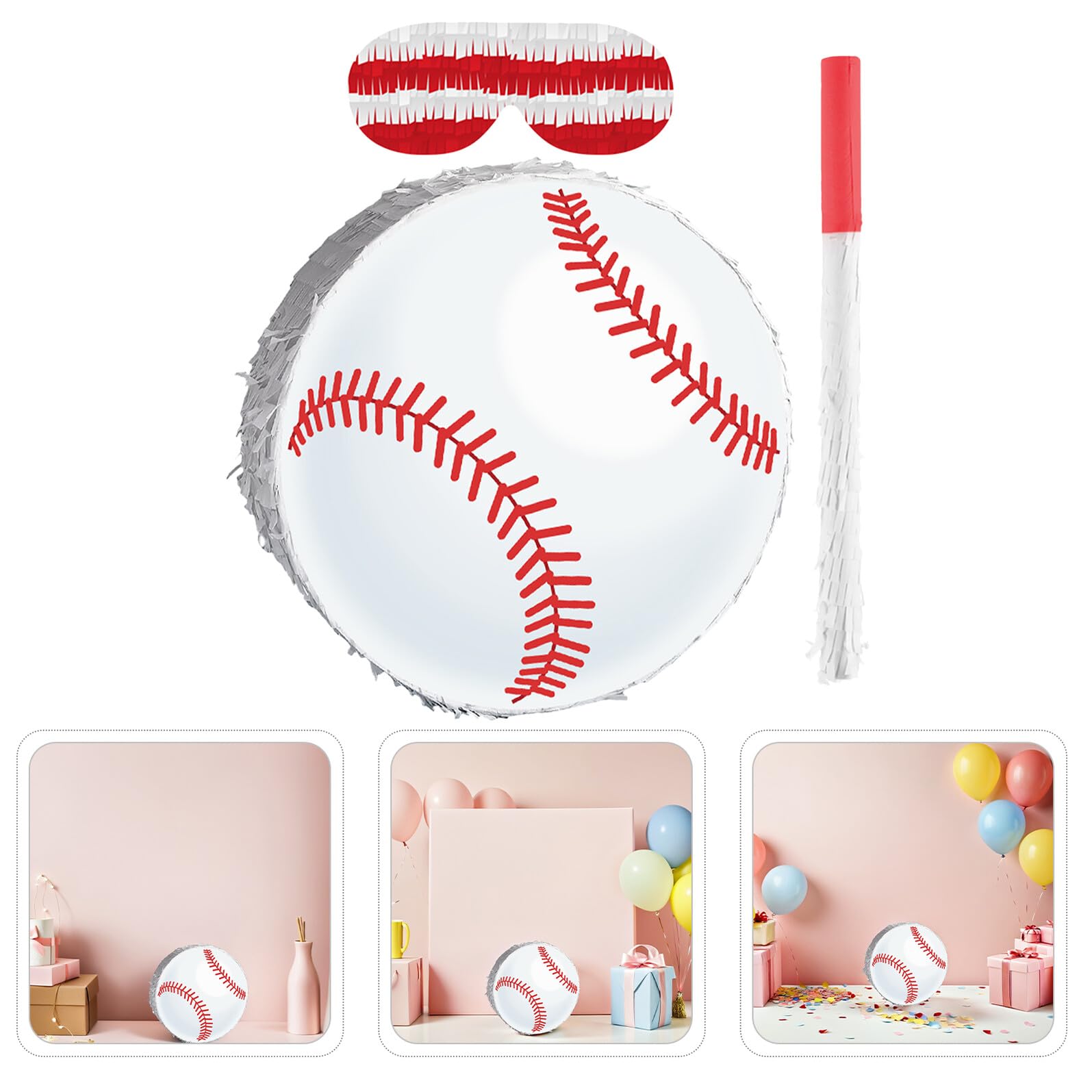 Piñata de Béisbol Colgante para Fiestas Infantiles con Bate y Antifaz Decoración Temática Deportiva para Cumpleaños Juego Recreativo para Papel Resistente y Confeti Incluido