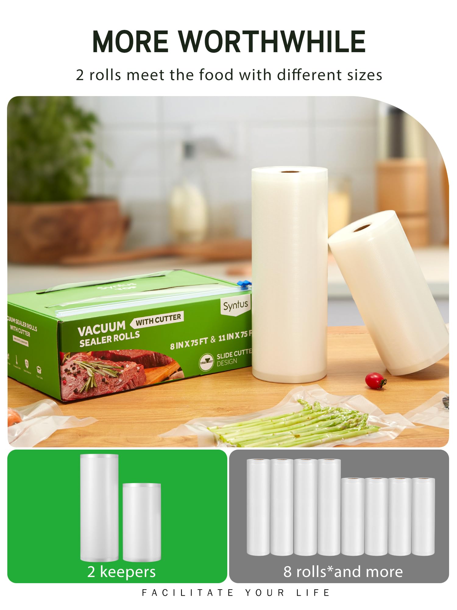 Syntus Rouleau de papier d'emballage sous vide pour aliments de 27,9 x 20,3 x 20,3 m avec distributeur de découpe, rouleaux de sacs sous vide de qualité commerciale, parfaits pour le stockage, la
