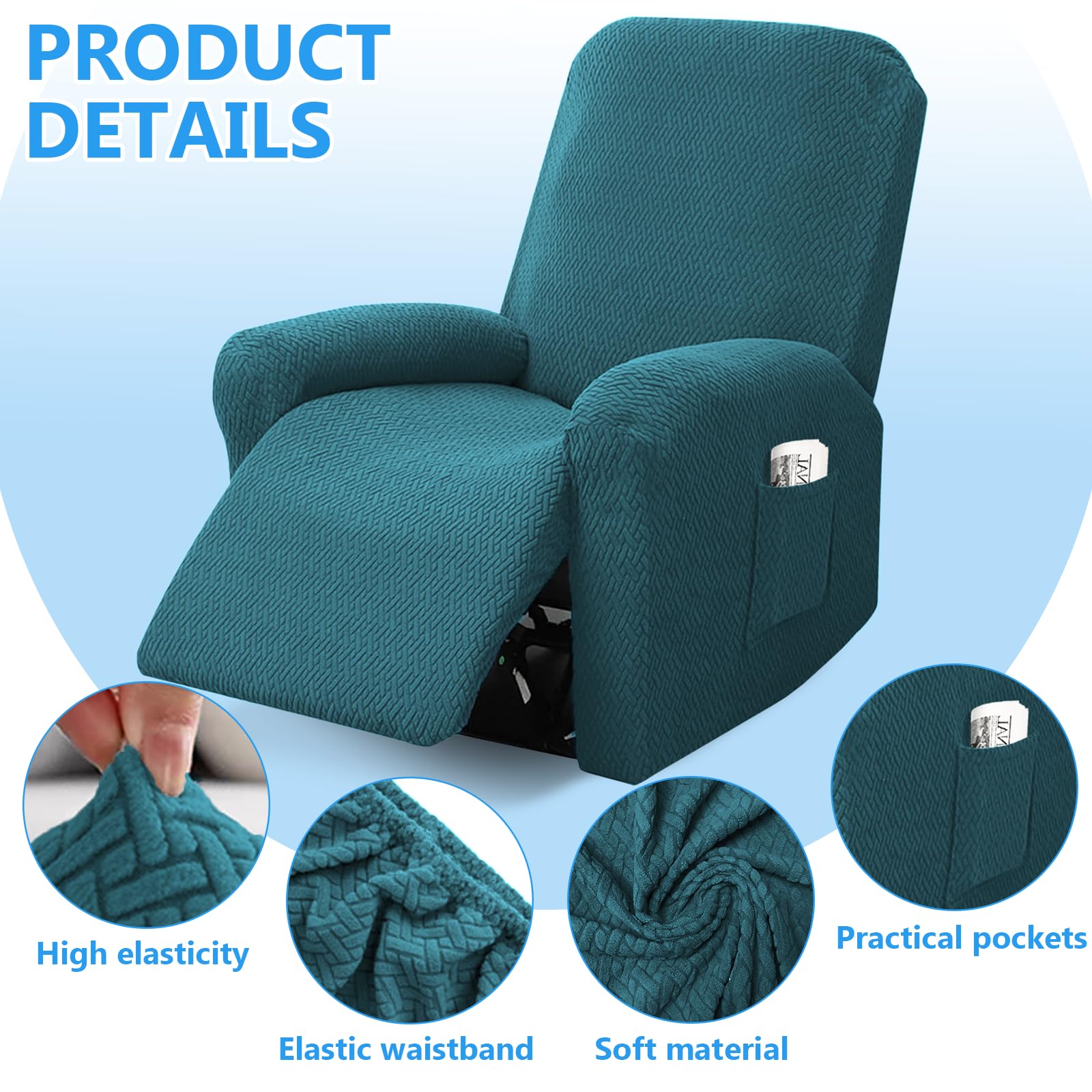 Funda Sillon Relax Reclinable, 4 Piezas Funda Butaca, Funda Sofa 1 Plaza, con Protectores para Reposabrazos y Bolsillo (Verde Oscuro)