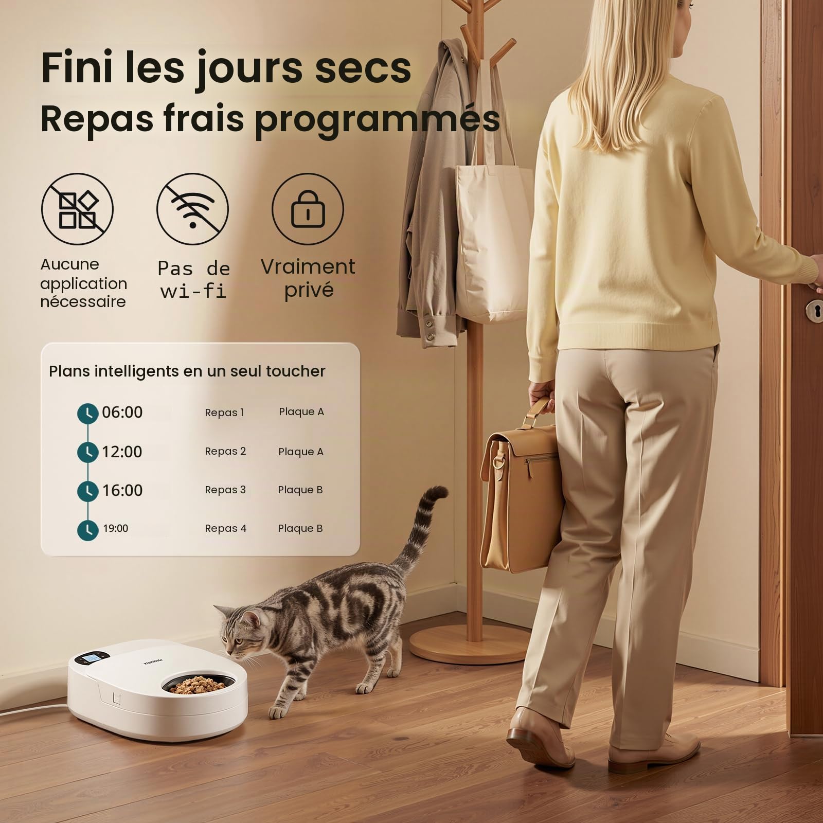 Mangeoire Automatique pour Chat avec Refroidissement, Pas de Packs réfrigérants, fraîcheur 48 h, pour Nourriture Humide et sèche, minuterie pour contrôle des portions, Heures de Travail et